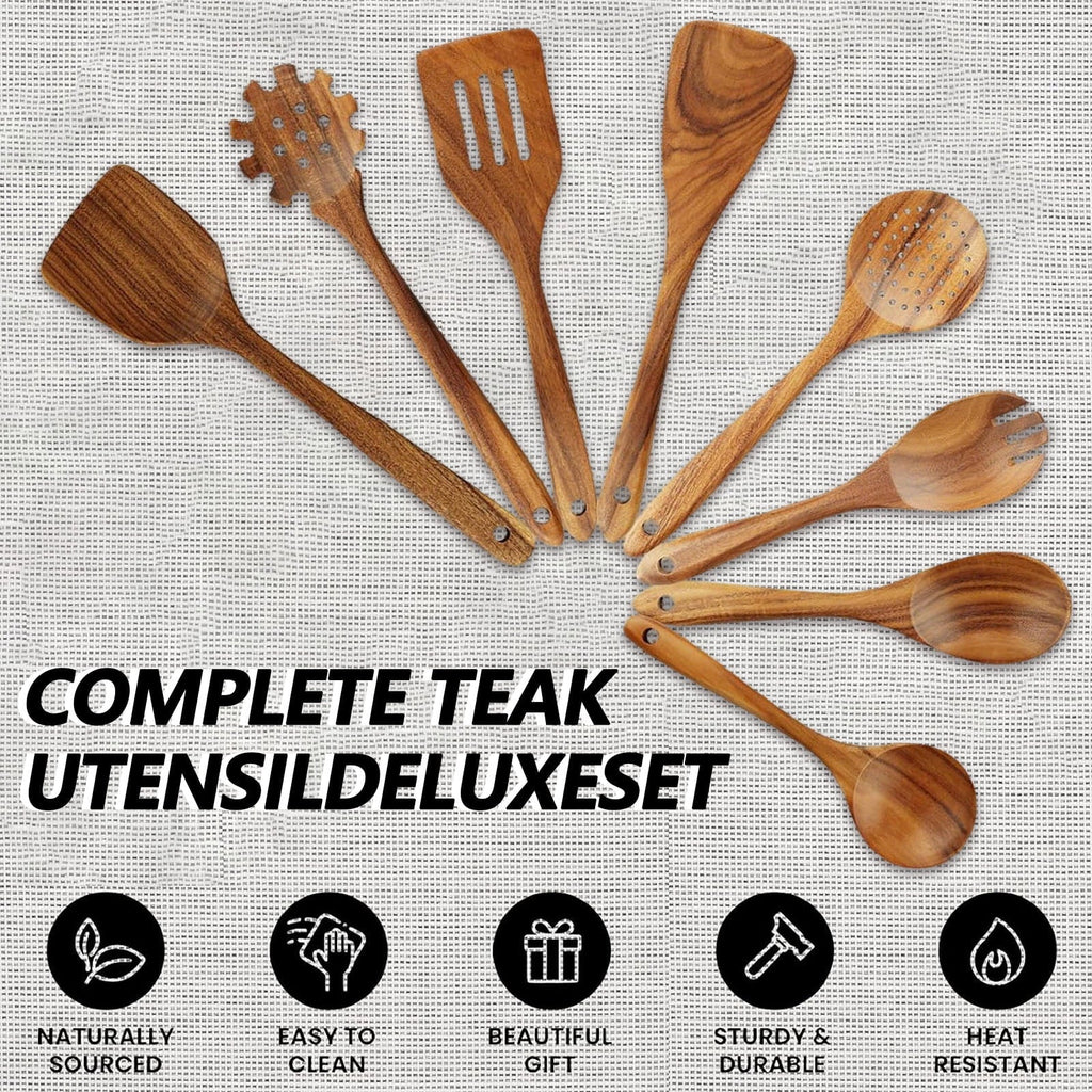 Heat-Resistant 10Pcs Wooden Spoons for Cooking, Smooth Finish Teak Wooden Utensils for Cooking, Soft Comfort-Grip Wood Spoons for Co... - Durable Turner & Ladle Utensil Set for Home Chefs Detail