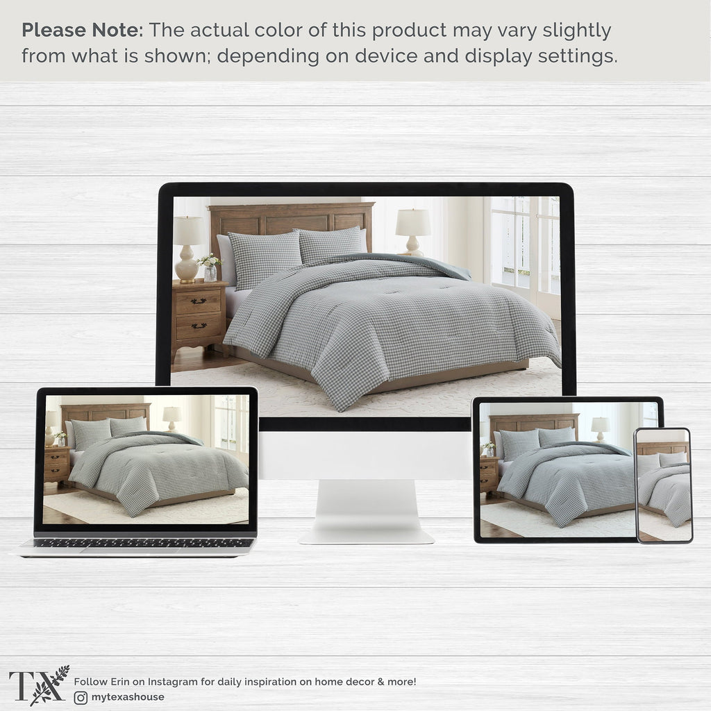 Luxurious Quilted Full/Queen Comforter Set, All-Season, 3-Piece, Green Gingham Plaid - Luxurious Quilted Duvet Cover Set Detail