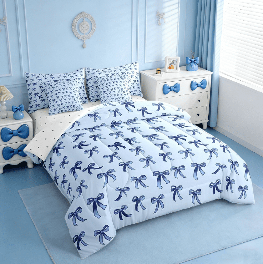 Fluffy Down Alternative Cute Bowknot Twin Bedding Sets 7-Piece,Girls Ribbon Bow Bedding Comforter Set,Dreamy Blue Sheet Sets For Girls,Super ... - Luxurious Quilted Duvet Cover Set Detail