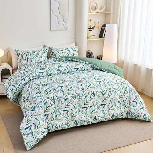 All-Season 3-Piece Floral Comforter Set King Size, Green and White Botanical, Soft Microfiber All-Season Bedding for Adults & Teens - Cloud-Like Soft Lightweight Bed Comforter Detail