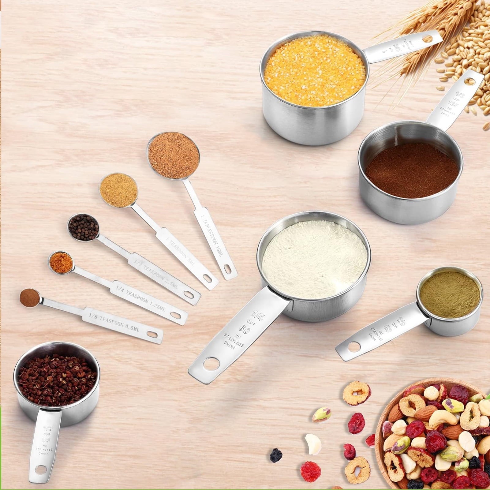 Seamless One-Piece Measuring Cups and Spoons Set of 10, 5 Stainless Steel Cups and 5 Spoons for Kitchen Cooking Baking - Heat-Resistant Silicone Cooking Spatula Turner Detail