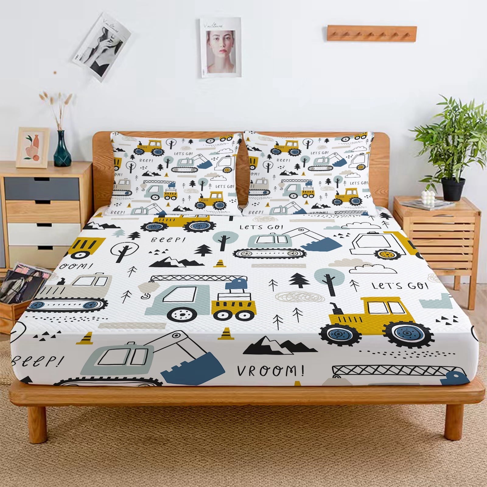 Wrinkle-Resistant Cartoon Excavator Sheet Set for Kids Boys Truck Construction Bedding Set Engineering Vehicle Bed Sheet Sets with 1 Fi... - Breathable Egyptian Cotton Flat & Fitted Sheets Detail