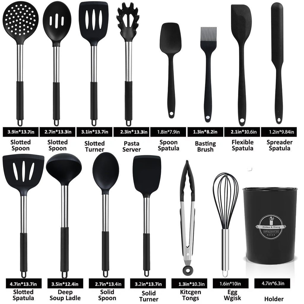 Premium Silicone Silicone Cooking Utensils Set, 26 Pcs, Heat Resistant Kitchen Utensils Set, Black - Premium Stainless Steel Cooking Utensil for Non-Stick Pots Detail