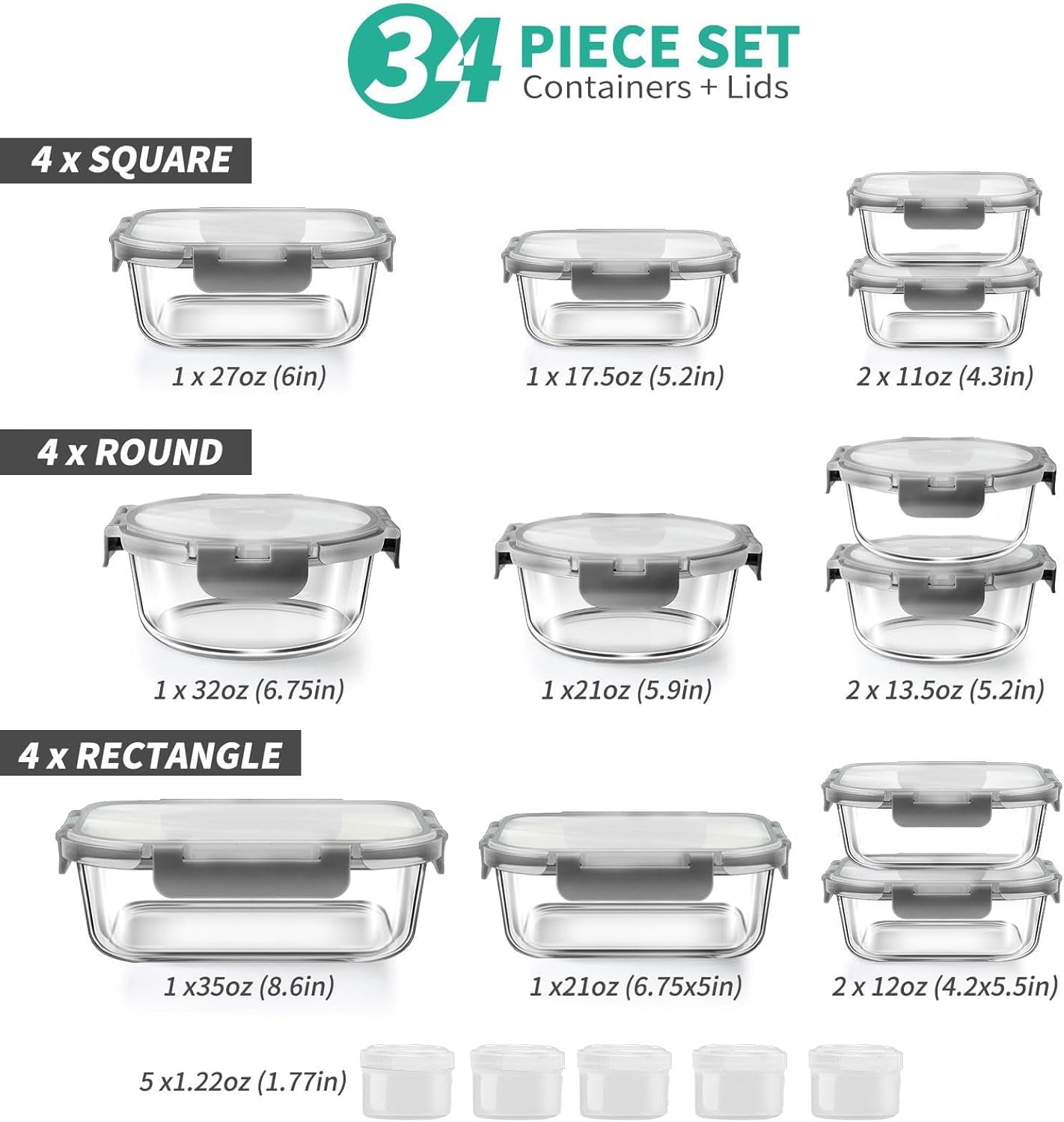 Playful Geometric 34pcs Glass Food Storage Containers with Lids Set, Airtight Meal Prep Containers (17 Containers & 17 Lids), Grey - Fun Food Fidget Cookie Squishable Toy Detail
