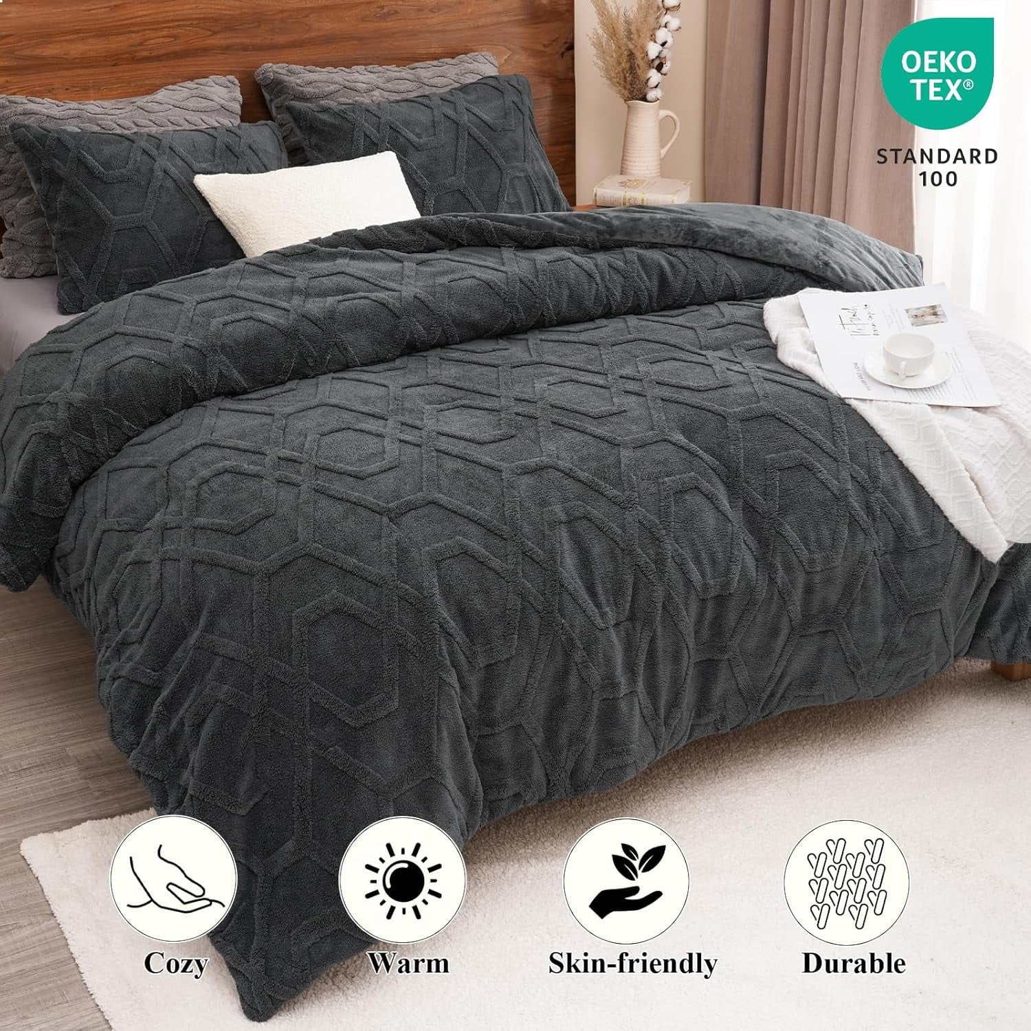 Luxurious Quilted Warm Sherpa Fleece Queen Comforter Set, 3D Tufted Fluffy Dark Grey Bedding for Winter, Soft 3 Pieces Shaggy Bed Set, ... - Luxurious Quilted Duvet Cover Set Detail