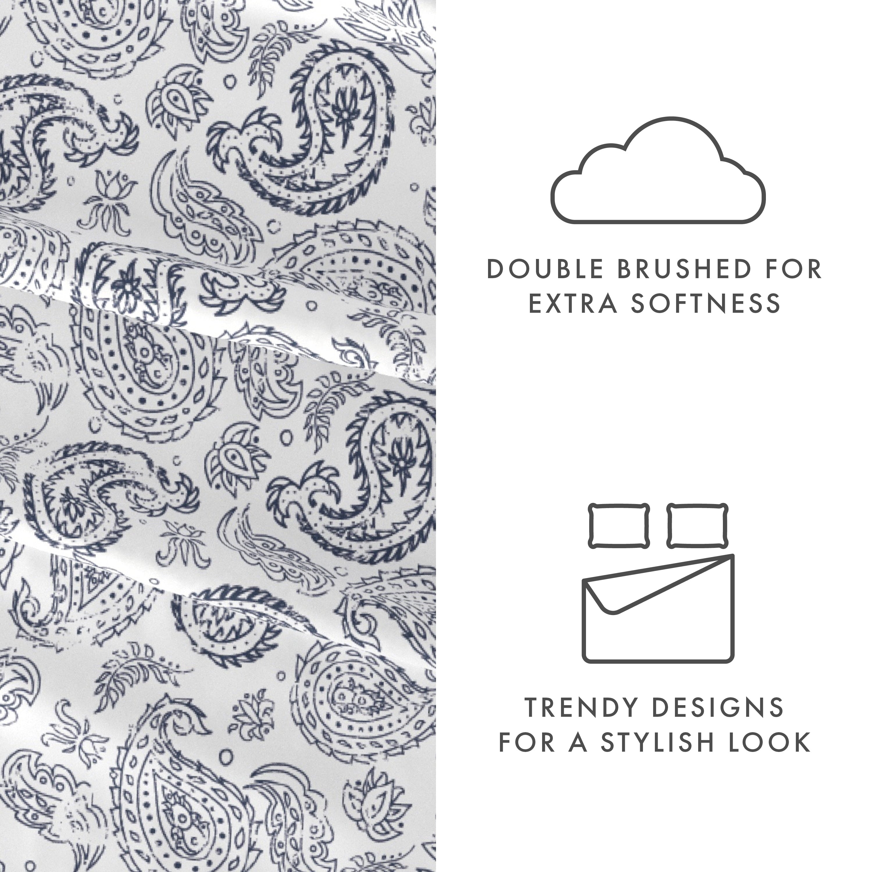 Wrinkle-Resistant 4 Piece Pattern Microfiber Bed Sheets Set, Navy Coarse Paisley, Full - Luxury Bed Sheet Set with Deep Pockets Detail