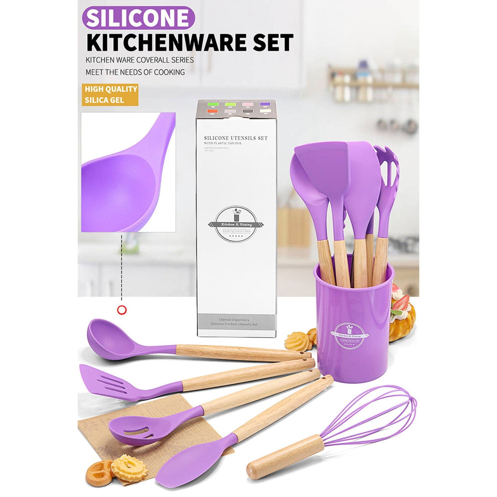 Heat-Resistant 12Pcs Cooking Kitchen Utensils Set with Holder,Wooden Handles Cooking Tool,BPA Free,Non Toxic Turner Tongs Spa... - Heat-Resistant Silicone Cooking Spatula Turner Detail