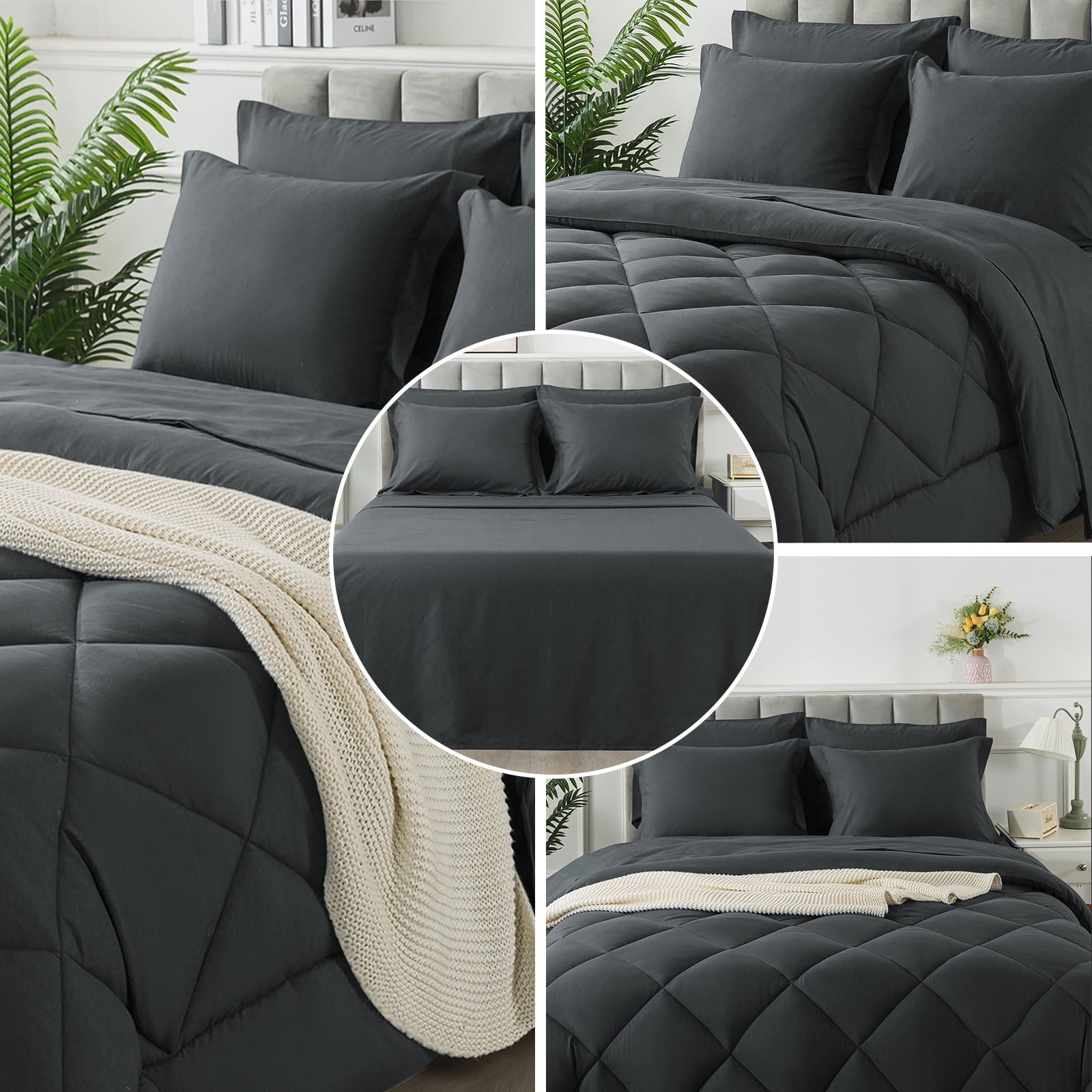 All-Season Queen Bed in a Bag Comforter Set with 7 Pieces - Dark Gray All Season Bedding Sets with Comforter, Pillow Shams, Flat... - All-Season Down Alternative Comforter Insert Detail