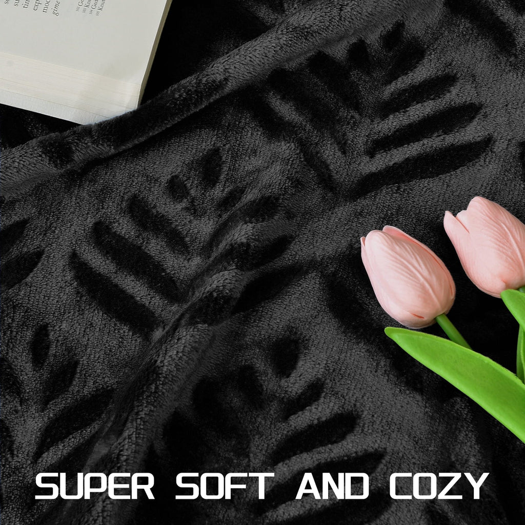 Decorative Knitted Fleece Throw Blanket for Couch, Leaves Pattern Super Soft and Cozy Blankets, Plush Fuzzy Lightweight, Black, 50"x60" - Cozy Fleece Throw Blanket for Couch & Bed Detail