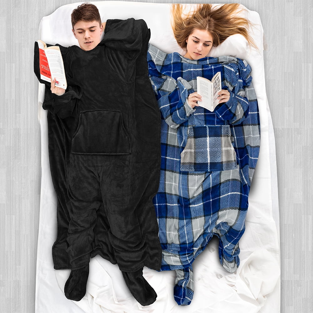 Super Soft Flannel Fleece Blanket with Sleeves, Foot Pockets for Women Men Adults, Plush Wearable Blanket Throw Wrap, Warm Snuggle Blank... - Cozy Fleece Throw Blanket for Couch & Bed Detail