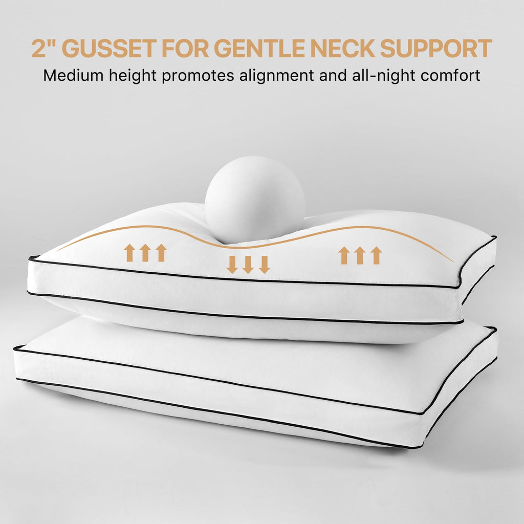Orthopedic Support Gusseted Feather Down Pillow Set of 2, Medium Firm Hotel Bed Pillows 2 Pack, Queen Size for Side Sleepers, 20 x 30 in - Decorative Throw Pillow Cushion for Sofa & Bed Detail