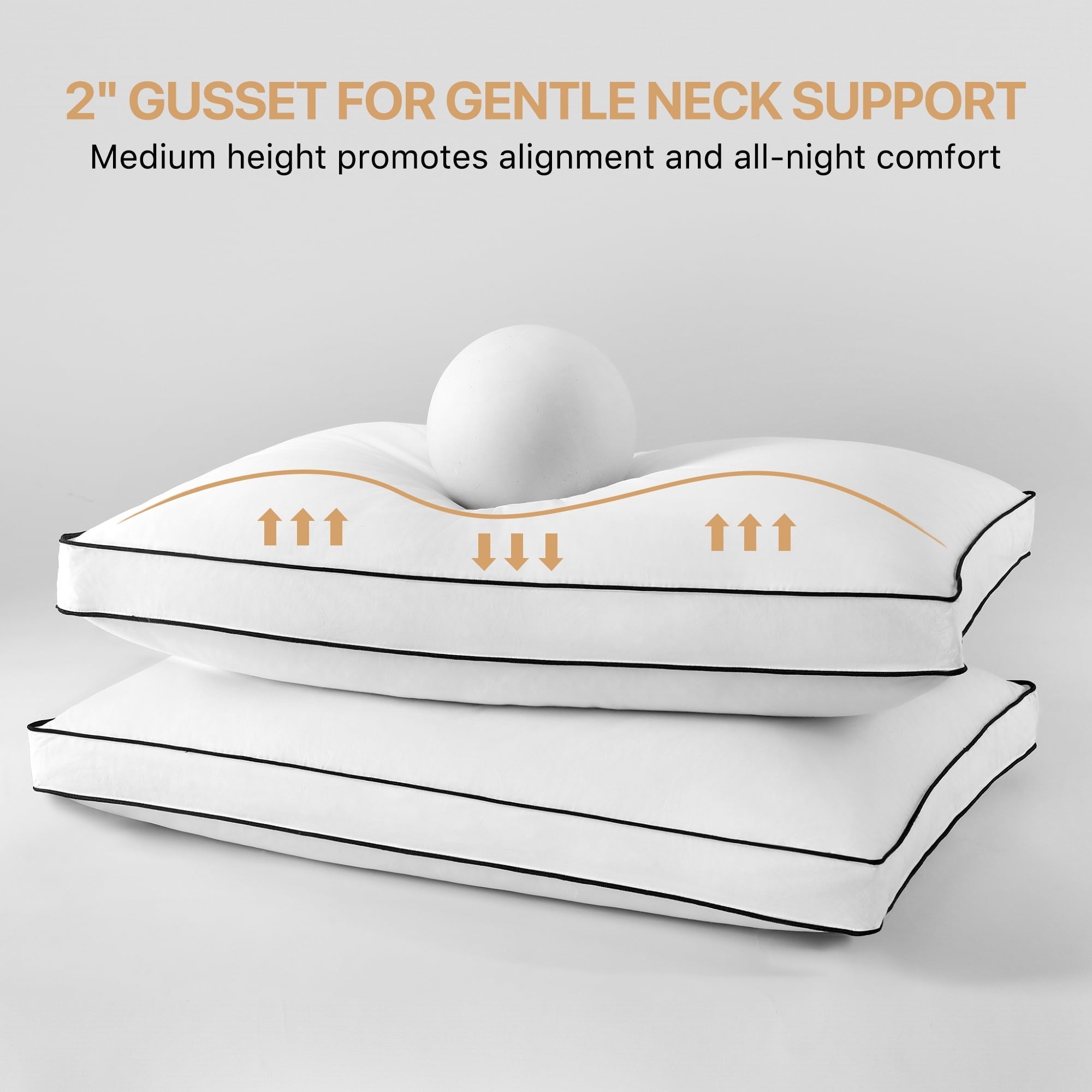 Orthopedic Support Gusseted Feather Down Pillow Set of 2, Medium Firm Hotel Bed Pillows 2 Pack, Queen Size for Side Sleepers, 20 x 30 in - Decorative Throw Pillow Cushion for Sofa & Bed Detail