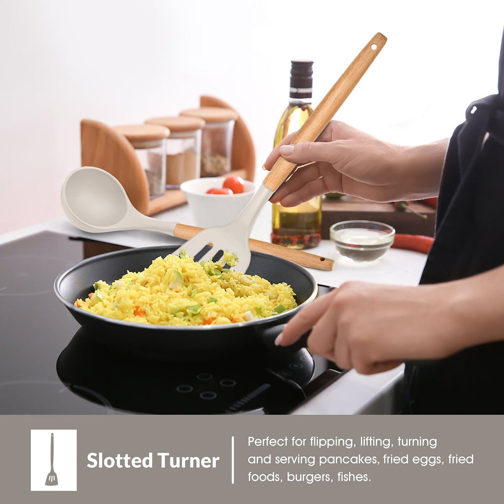 Non-Stick Safe Kitchen Utensils Set of 6, Silicone Cooking Utensils with Wooden Handle, Non-Stick Cookware & Heat Resistant, Include... - Ergonomic Kitchen Tongs and Cooking Spoon Utensil Detail