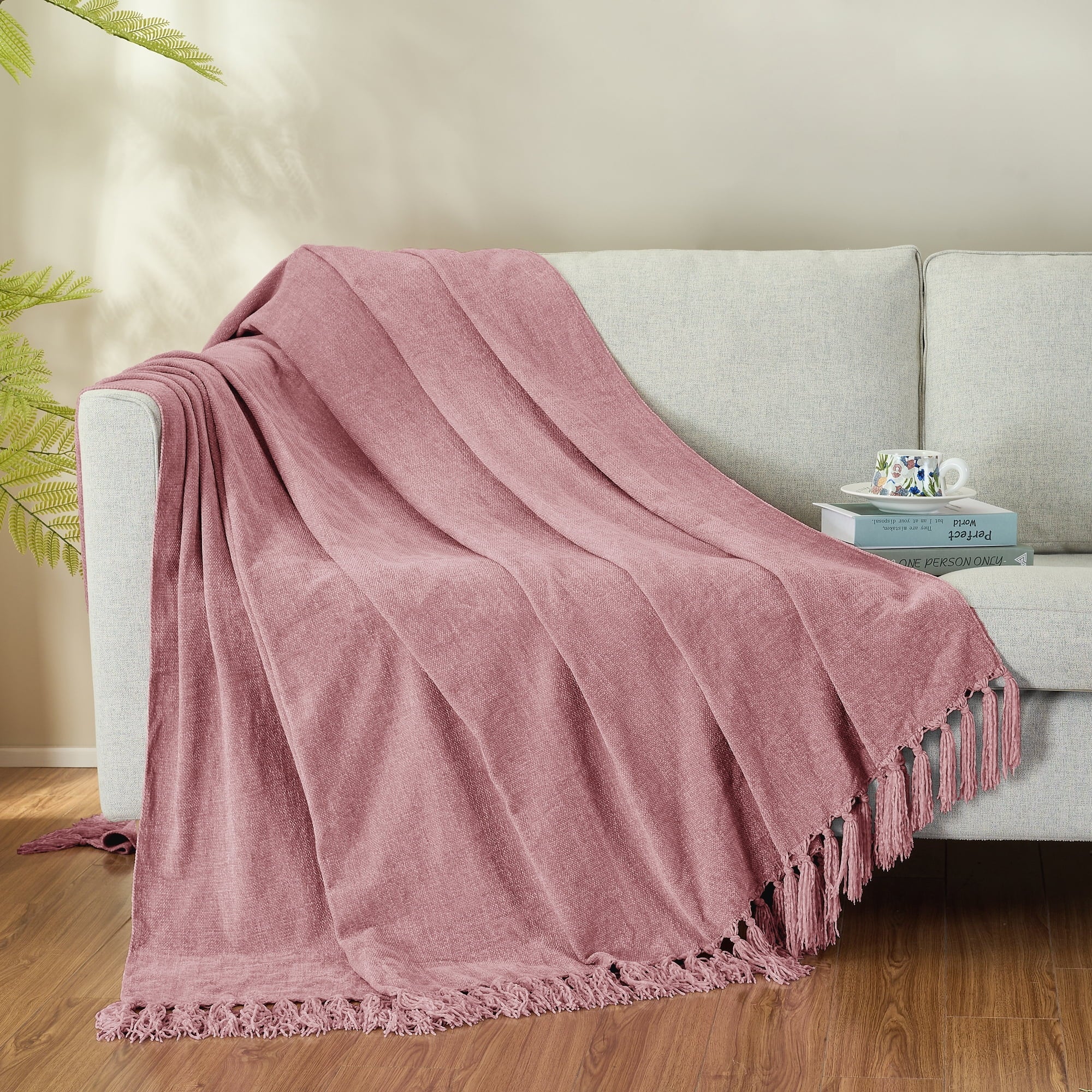 Reversible Sherpa Chenille Throw Blanket with Fringe Tassel for Couch Sofa Chair Bed, Mauve 50" X 70" - Luxury Knitted Decorative Throw Blanket with Fringes Detail