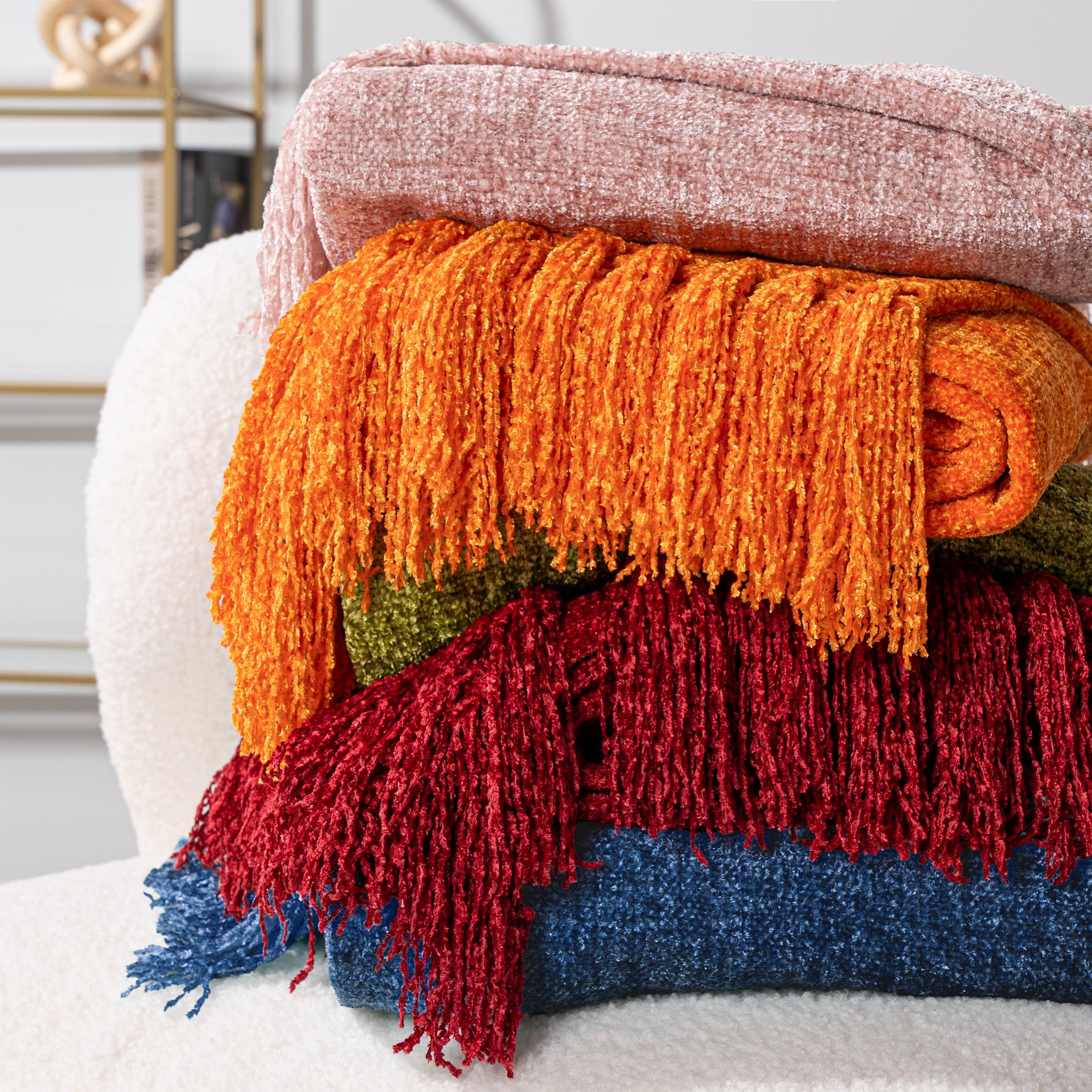 Decorative Knitted Mustard Yellow Chenille Throw Blanket for Couch, Soft Gold Knit Blanket with Tassel Fringe, Woven Chenille Knitted De... - Lightweight Plush Warm Blanket for All Seasons Detail