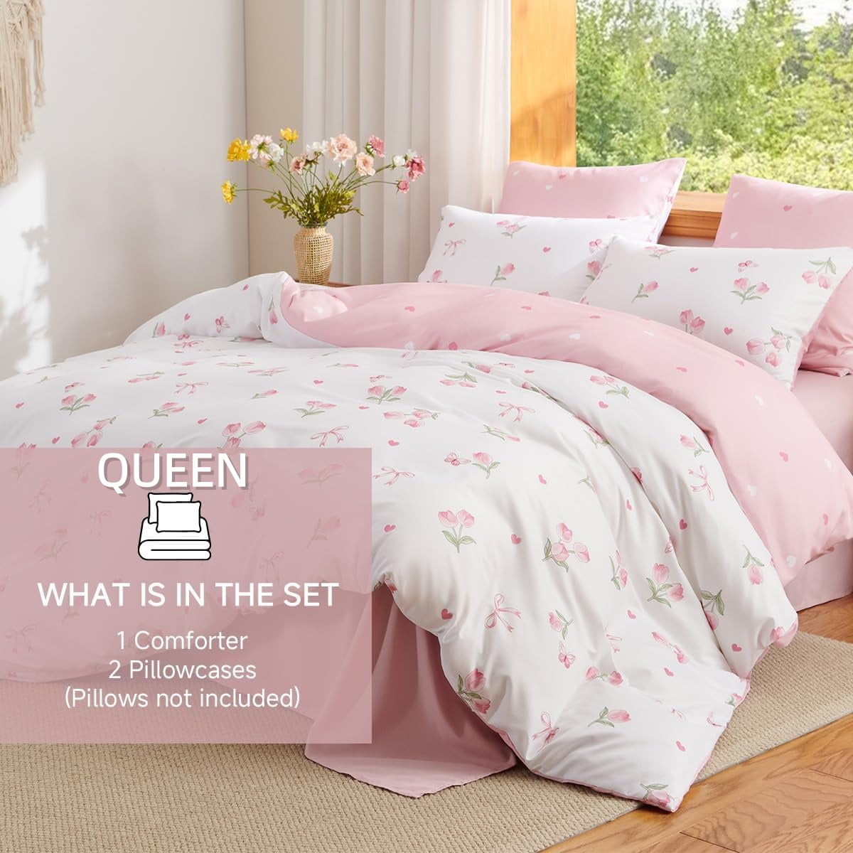 Fluffy Down Alternative Pink Tulip Queen Comforter Set, 3-Piece Pink Flowers Reversible Soft Bedding Set or Adults All Season - Cloud-Like Soft Lightweight Bed Comforter Detail
