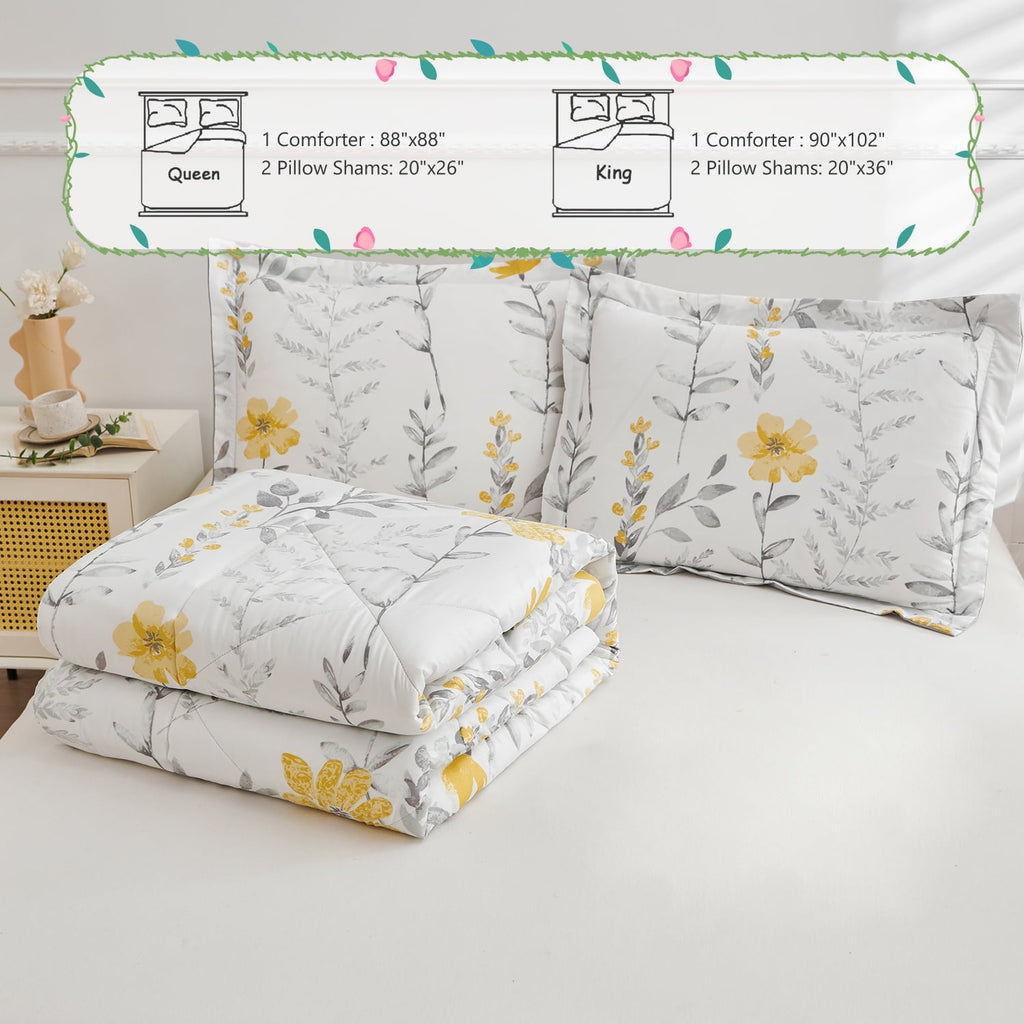 Luxurious Quilted 3 Piece Comforter Set Queen Yellow Floral Quilt Microfiber Patchwork Bedspread - Cloud-Like Soft Lightweight Bed Comforter Detail