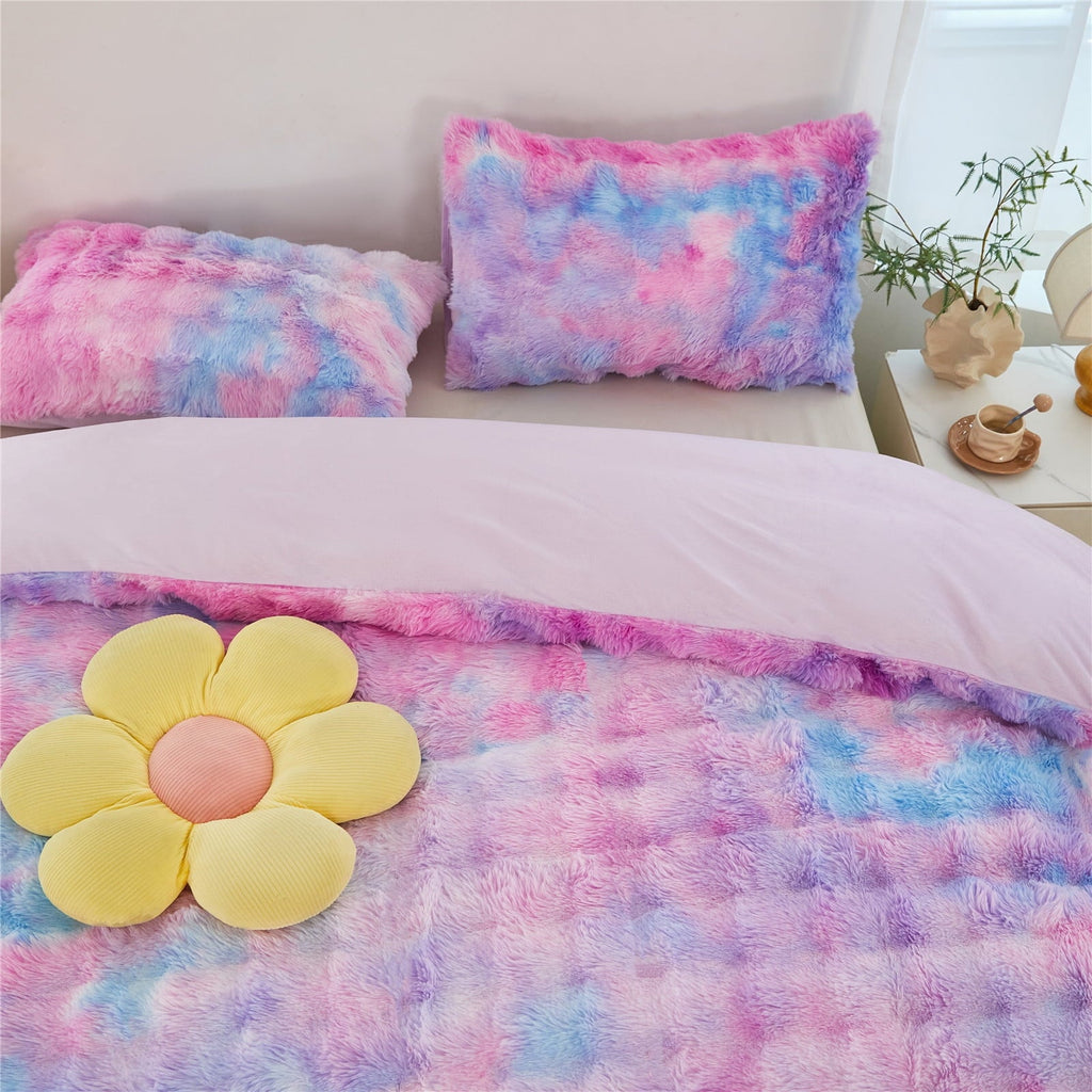 Heavyweight Warmth Faux Rabbit Fur Comforter Set Twin 3Pcs Girls Blue Purple Bedding Set Tie-Dyeing Soft Bed Comforter Set Warm Fuzzy Ki... - All-Season Down Alternative Comforter Insert Detail