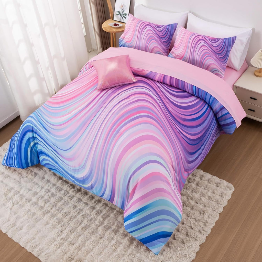 Luxurious Quilted 6 Pieces Gradient Star Ring Comforter Set, Colorful Glitter Rainbow Wave Stripes Pattern Bedding Set for Boys Girls T... - All-Season Down Alternative Comforter Insert Detail
