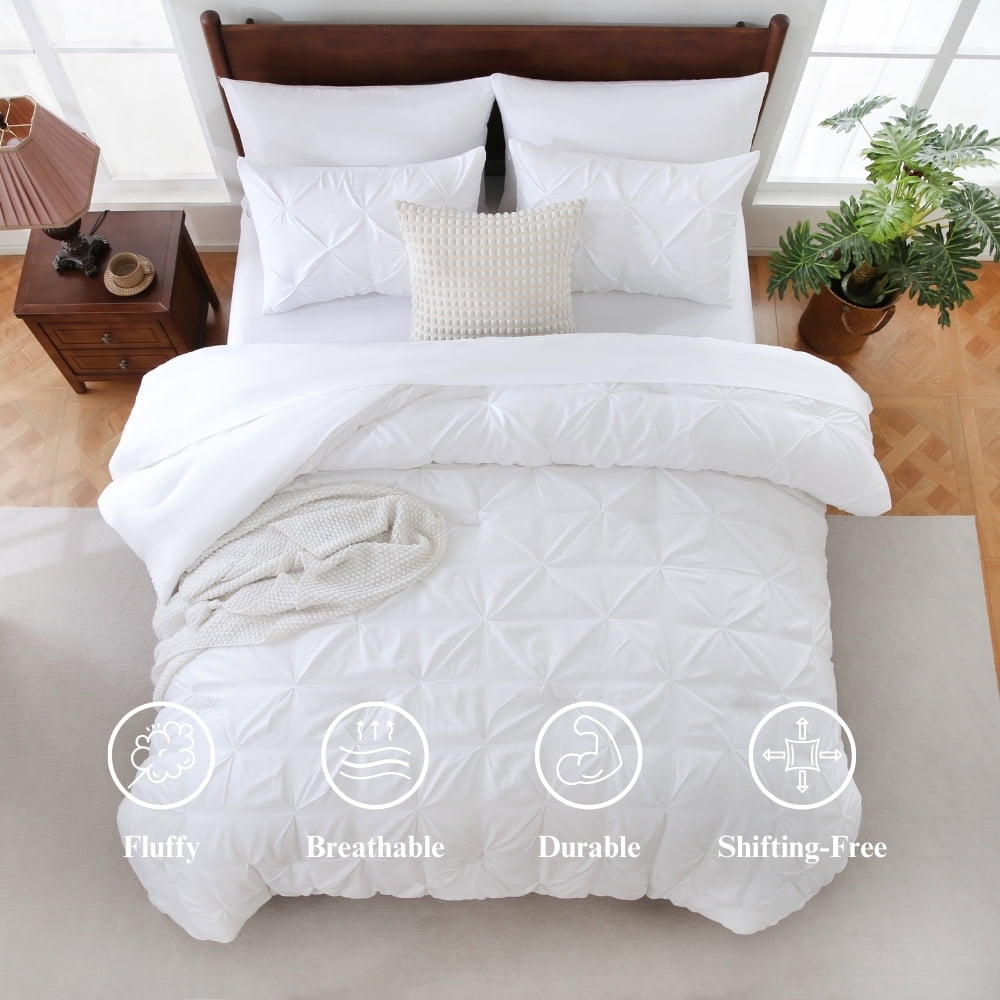 Luxurious Quilted 7 Pieces Pinch-Pleated Comforter Set, White Queen Size - Luxurious Quilted Duvet Cover Set Detail