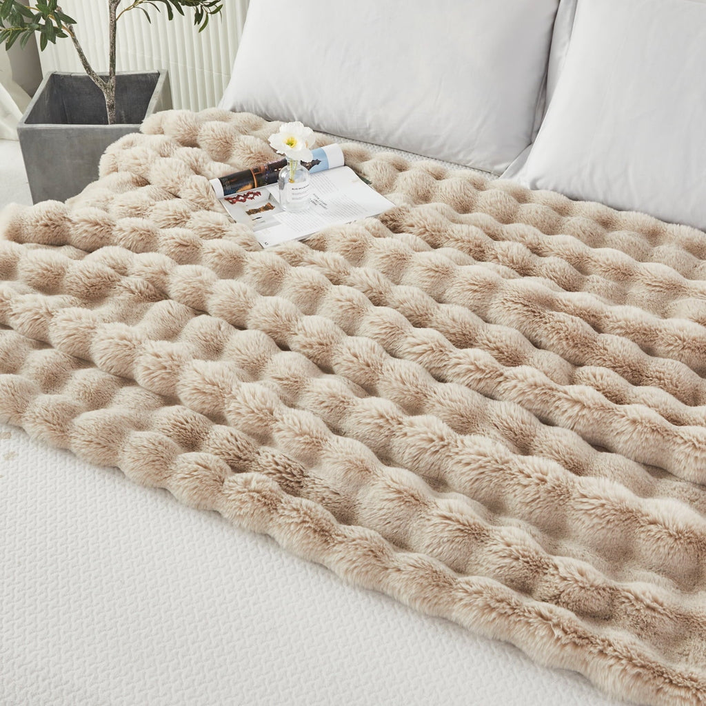Decorative Knitted Taupe Faux Fur Bubble Blankets for Couch Chair Sofa Luxury Fluffy Thick Bubble Throw Blanket Furry Blanket Fuzzy Soft... - Luxury Knitted Decorative Throw Blanket with Fringes Detail