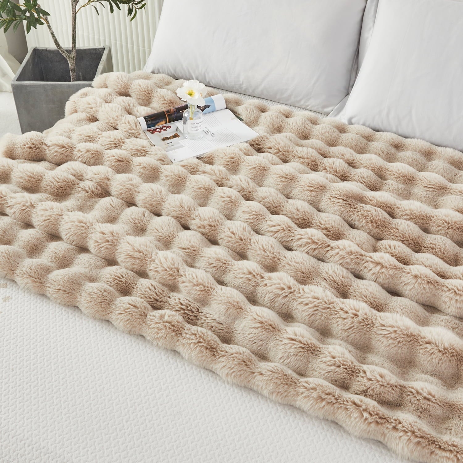 Decorative Knitted Taupe Faux Fur Bubble Blankets for Couch Chair Sofa Luxury Fluffy Thick Bubble Throw Blanket Furry Blanket Fuzzy Soft... - Luxury Knitted Decorative Throw Blanket with Fringes Detail