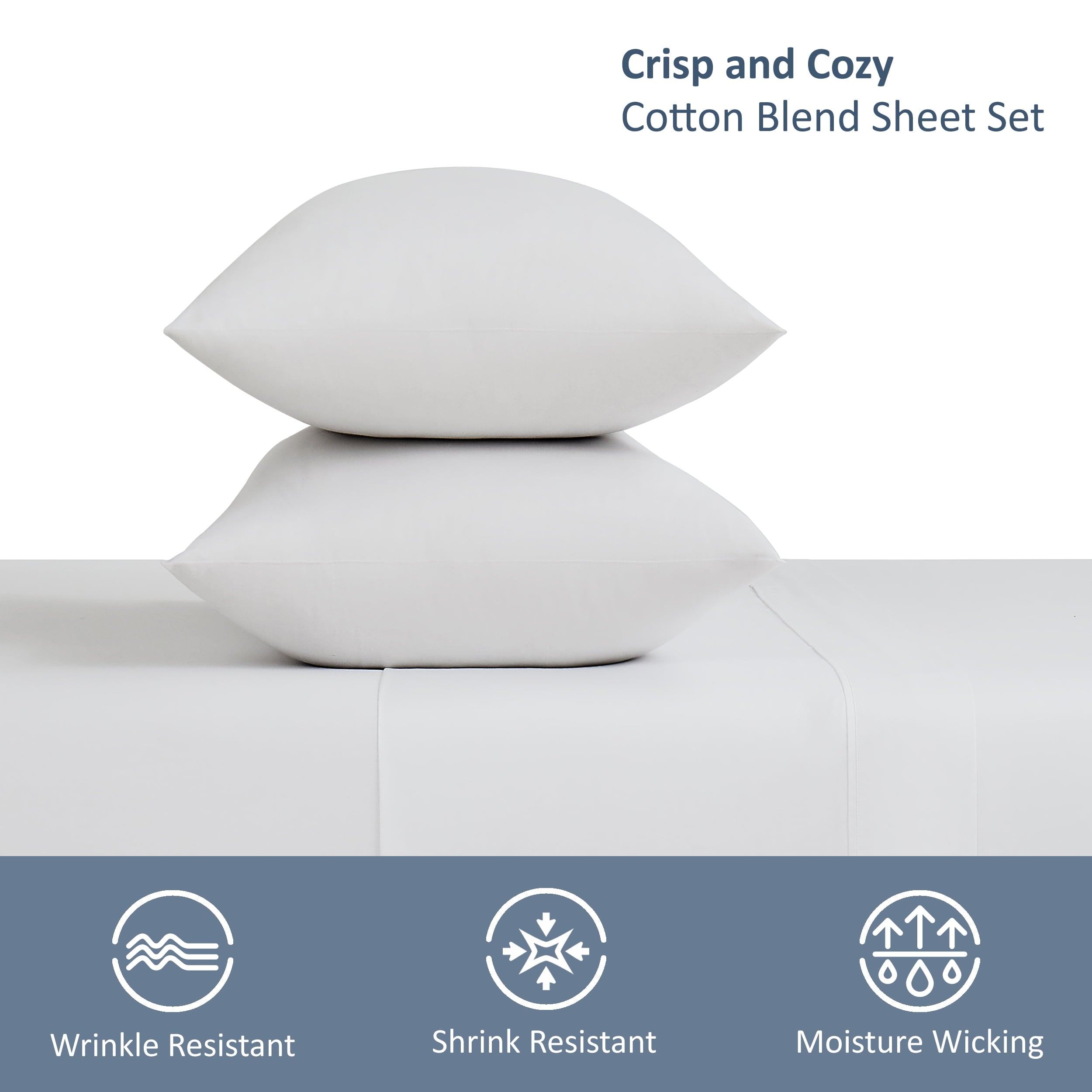 Wrinkle-Resistant 4-Piece 300 Thread Count White Cotton Blend Percale Bed Sheet Set, Queen - Breathable Egyptian Cotton Flat & Fitted Sheets Detail