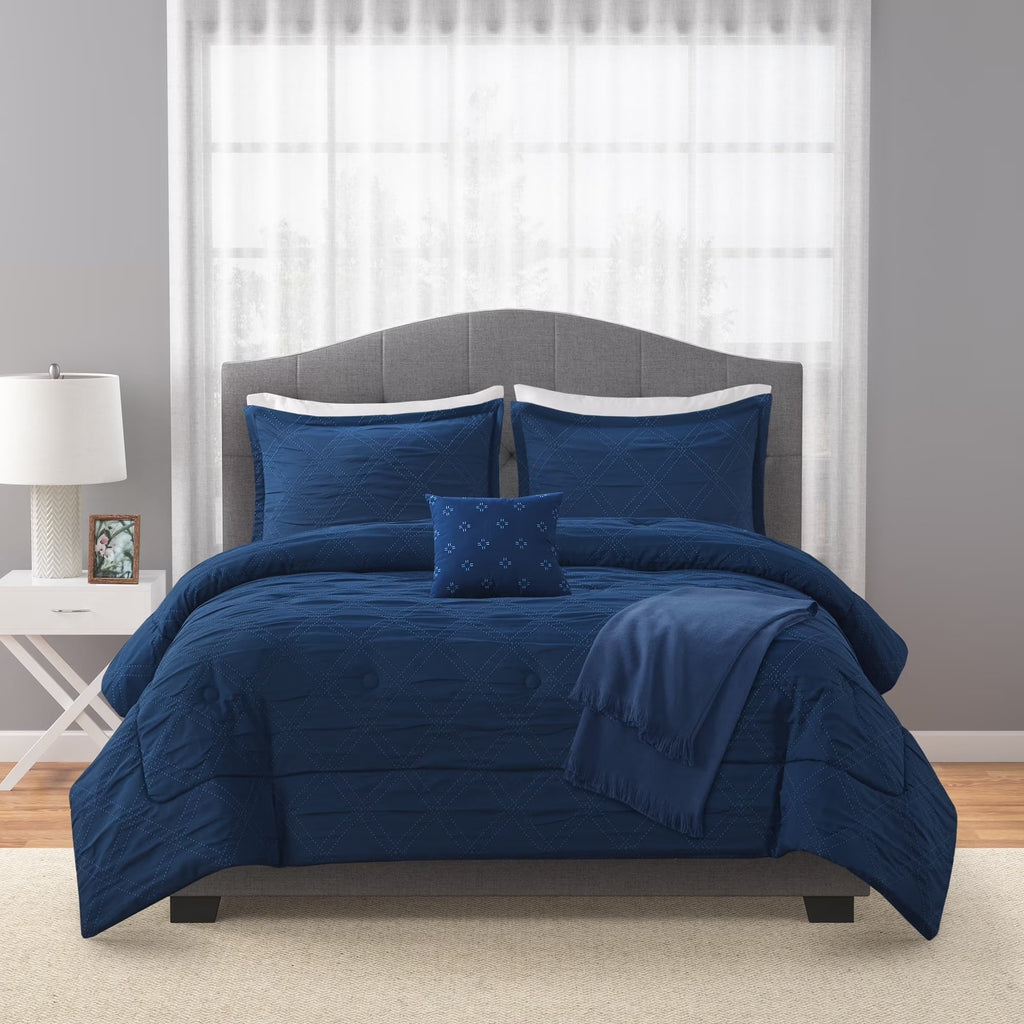 Heavyweight Warmth 5-Piece Reversible Comforter Set Navy Cross Stitch Bedding with Decor Pillow and Throw, Full/Queen - Luxurious Quilted Duvet Cover Set Detail