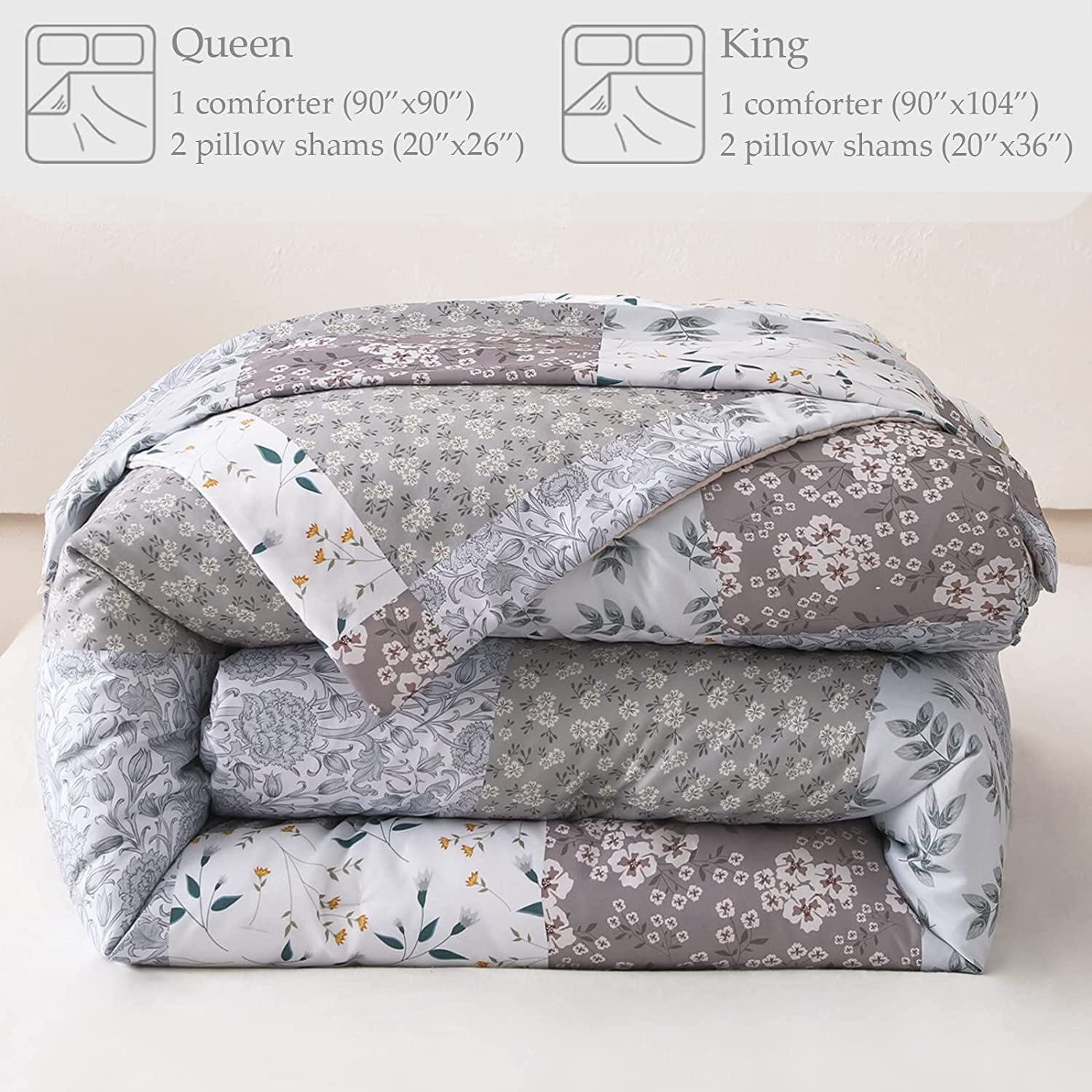 All-Season 3-Piece Queen Comforter Set, Soft Reversible Bedding Comforter Sets, Patchwork Printed Down Alternative Comforter Duv... - Cloud-Like Soft Lightweight Bed Comforter Detail