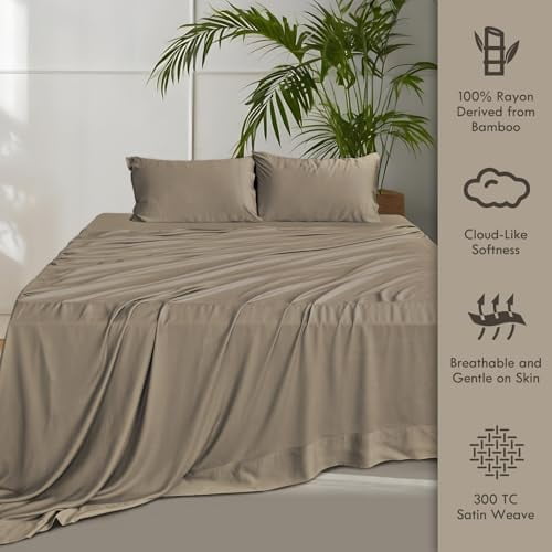 Cooling Sateen Home 4-Piece Queen Bamboo Bed Sheet Set, 100% Organic Cooling Fabric, 16" Deep Pocket, Taupe - Luxury Bed Sheet Set with Deep Pockets Detail