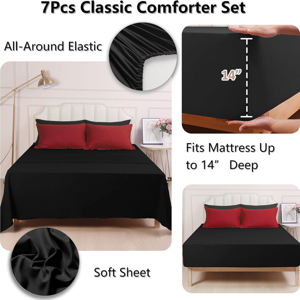 All-Season 7 Piece Reversible Queen Comforter Set - Red Quilted Down Alternative Bedding All Season Super Soft Microfiber Bed in... - Luxurious Quilted Duvet Cover Set Detail