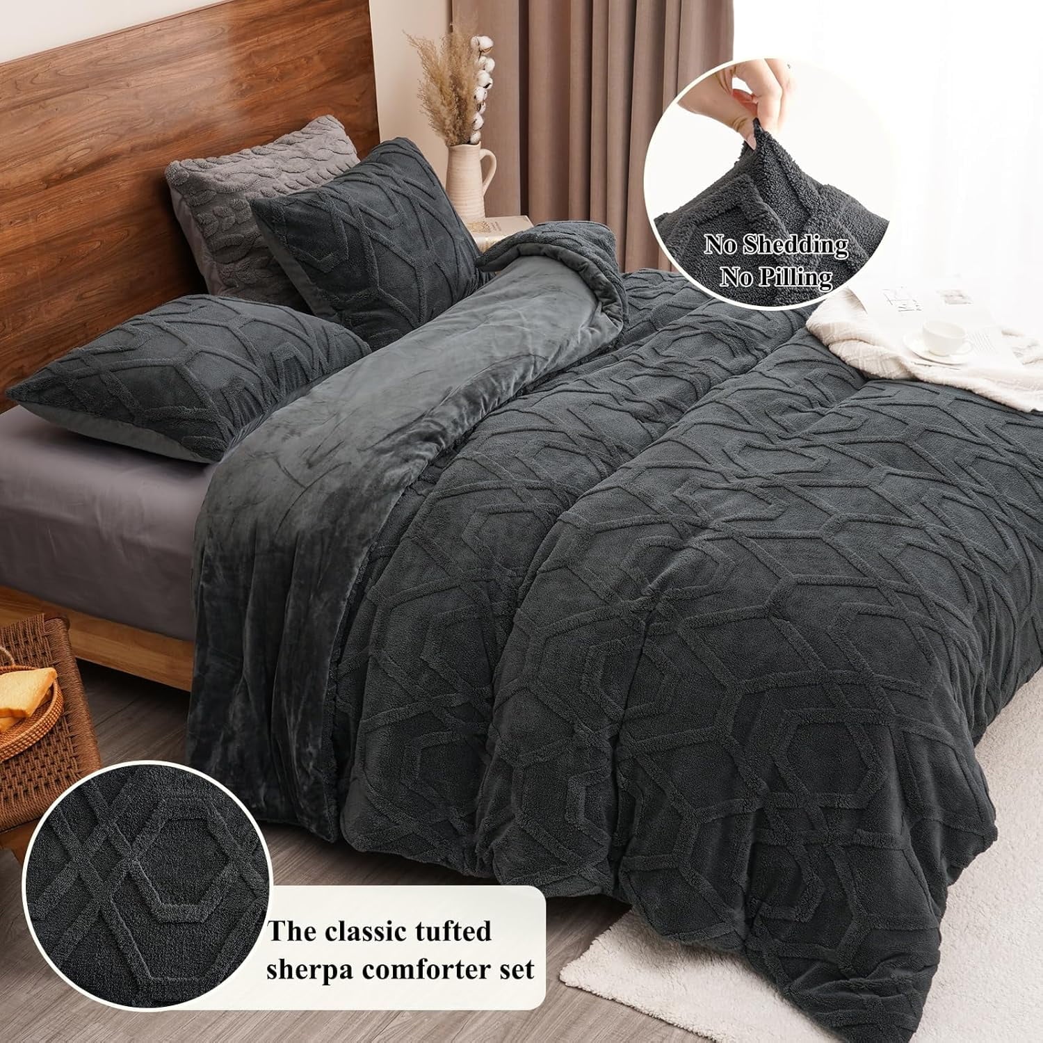 Luxurious Quilted Warm Sherpa Fleece Queen Comforter Set, 3D Tufted Fluffy Dark Grey Bedding for Winter, Soft 3 Pieces Shaggy Bed Set, ... - Luxurious Quilted Duvet Cover Set Detail