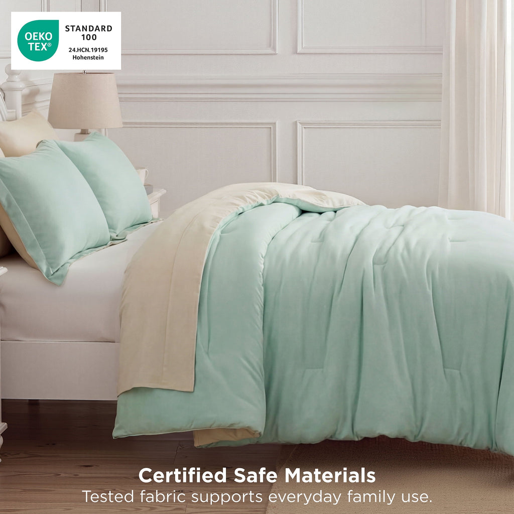 Fluffy Down Alternative Queen Comforter Set Sage Green, 7 Pieces Lightweight Queen Bedding Sets, Contrasting Design - Luxurious Quilted Duvet Cover Set Detail