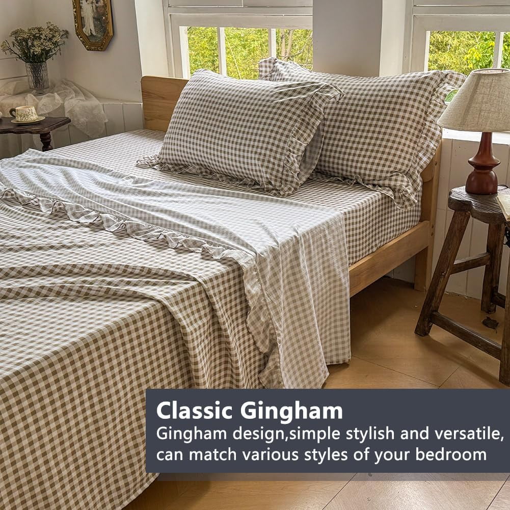 Wrinkle-Resistant Tan Gingham Ruffle Queen Sheet Set, Taupe Soft Pre-Washed Microfiber Plaid Ruffled Queen Bed Sheets, 4-Pieces Farmhou... - Premium Ultra-Soft Pillowcase Pair for Sleeping Detail