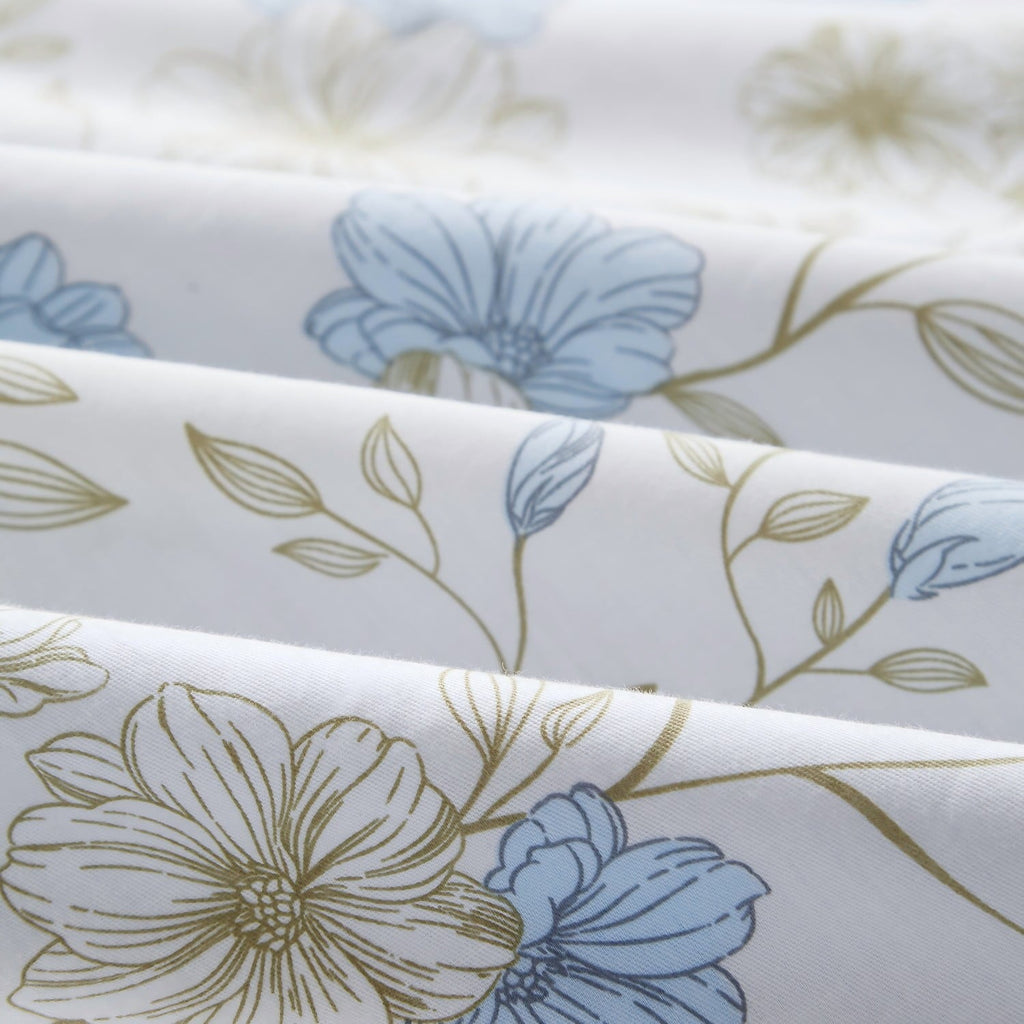 Luxurious Quilted Cotton Comforter Sets Queen Size, 3 Pieces Botanical Blue Floral Reversible Bedding Sets for Adults All Season - All-Season Down Alternative Comforter Insert Detail