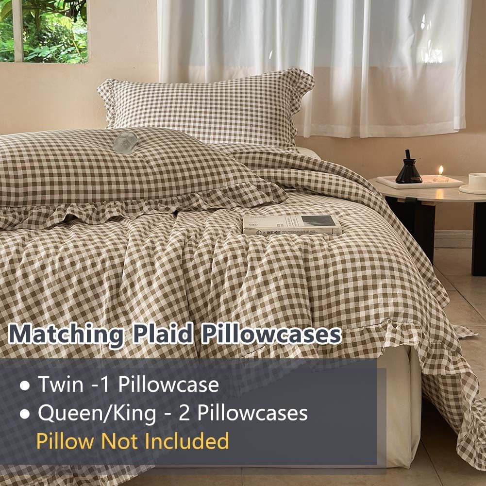 Heavyweight Warmth Tan Gingham Ruffle Queen Comforter Set, Taupe Ruffled Plaid Bedding Set, Ruffled Checked Bed Comforter 3 Pieces(Tan G... - Luxurious Quilted Duvet Cover Set Detail