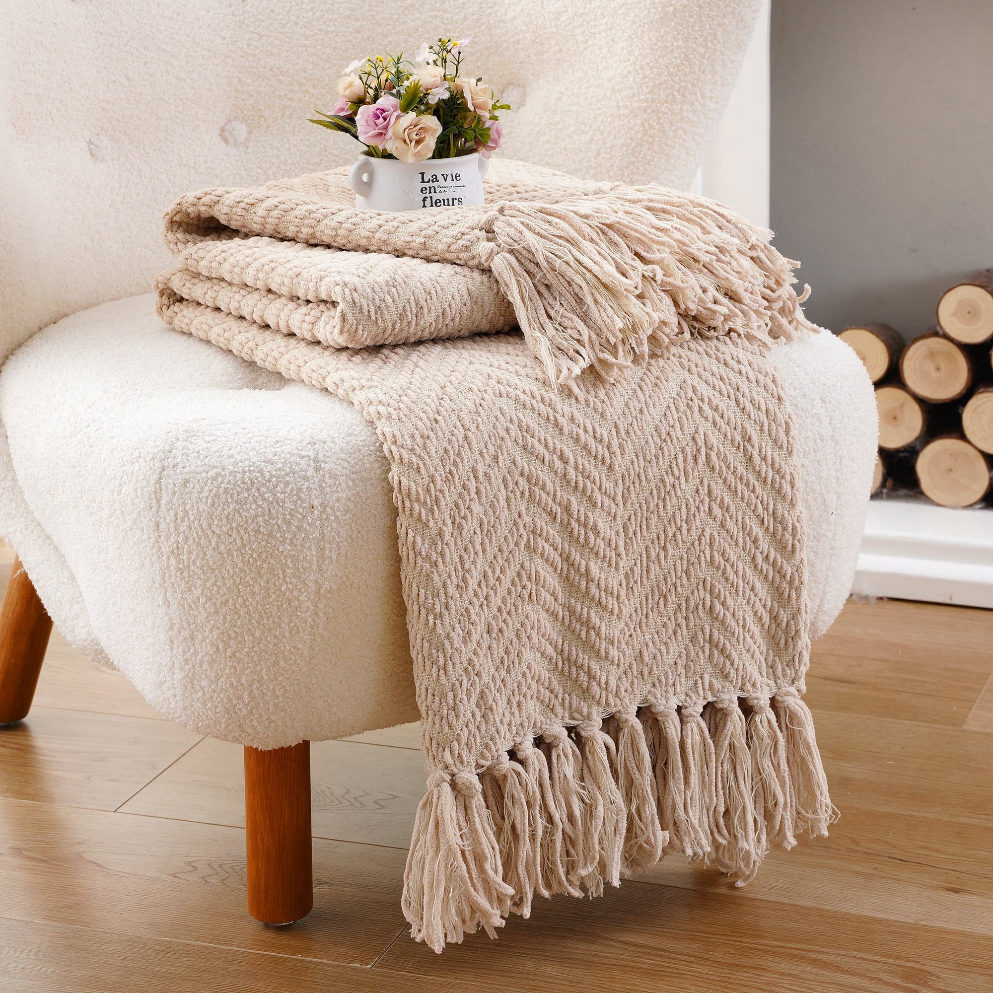 Decorative Knitted Beige Throw Blanket,Textured Knitted Tan Throws with Tassels,Neutral Sofa Bed Throws,50"x60" - Luxury Knitted Decorative Throw Blanket with Fringes Detail