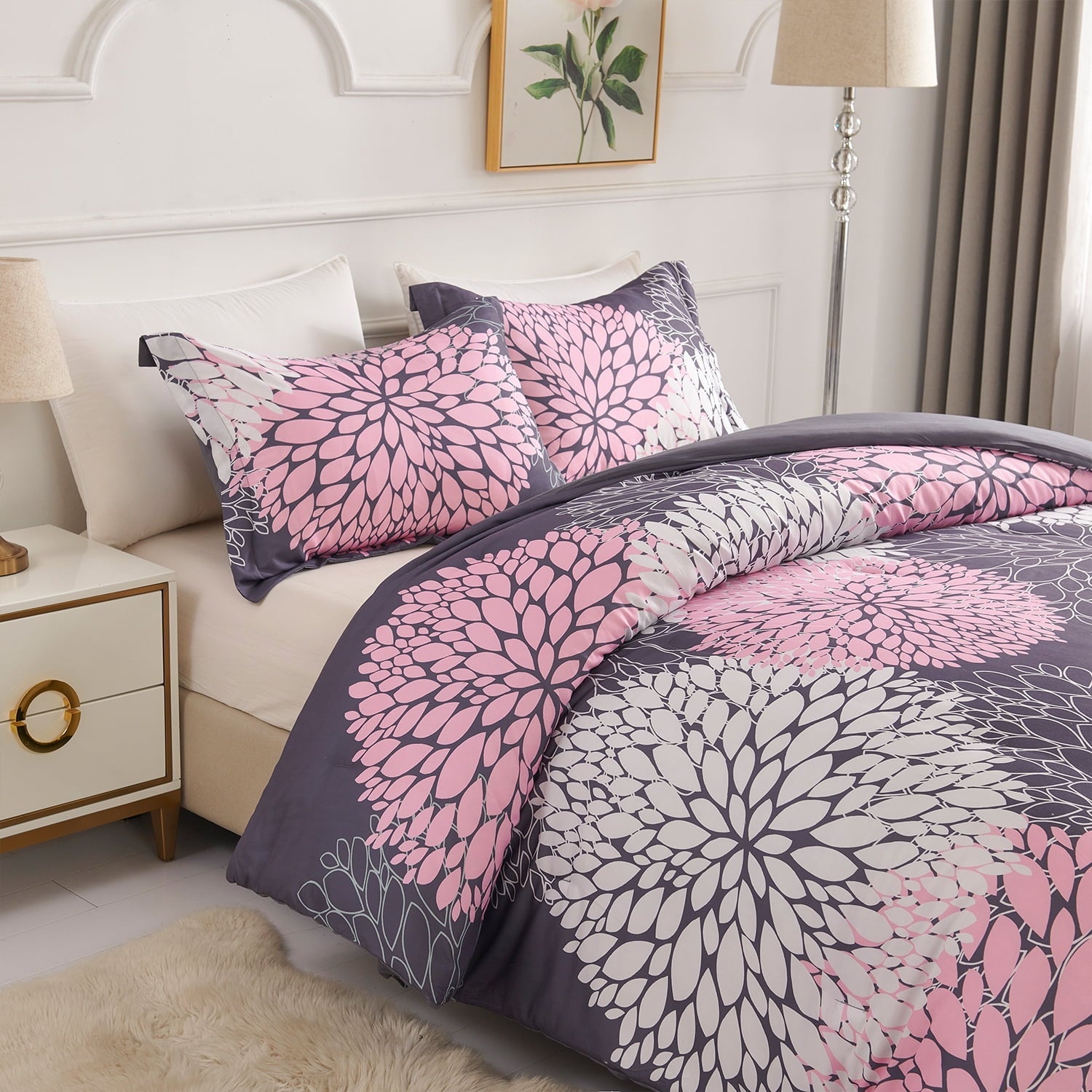 Fluffy Down Alternative 2 Pieces Pink Floral Comforter Set Twin Size, Botanical Bedding Sets with Cute Flowers Printing for Teen Girls - Luxurious Quilted Duvet Cover Set Detail