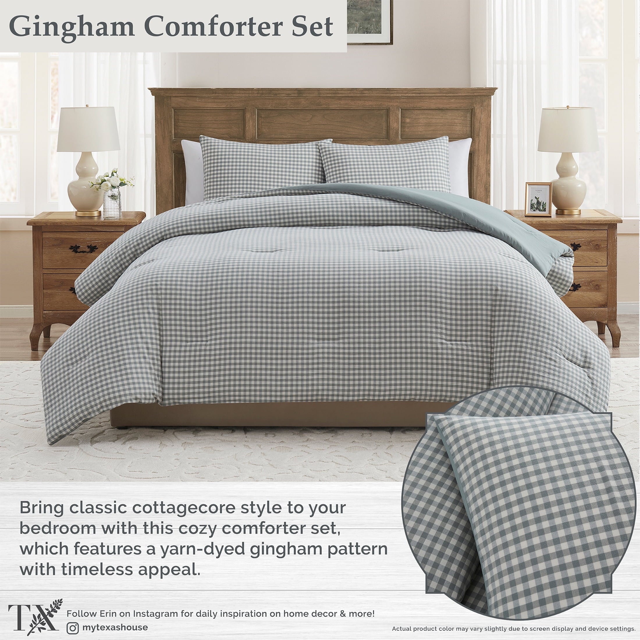Luxurious Quilted Full/Queen Comforter Set, All-Season, 3-Piece, Green Gingham Plaid - Luxurious Quilted Duvet Cover Set Detail