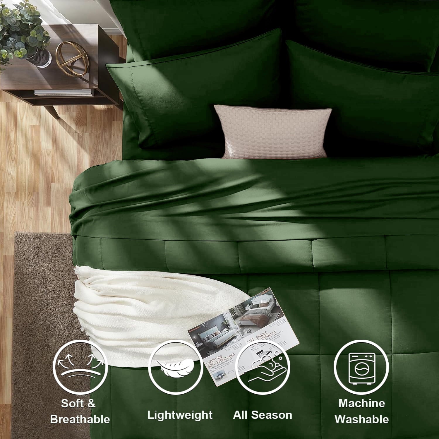 Hypoallergenic Cloud Queen Comforter Set Forest Green Bed in a Bag Queen Size 7 Pieces Soft Bed Set Lightweight Microfiber Green Bedding C... - All-Season Down Alternative Comforter Insert Detail