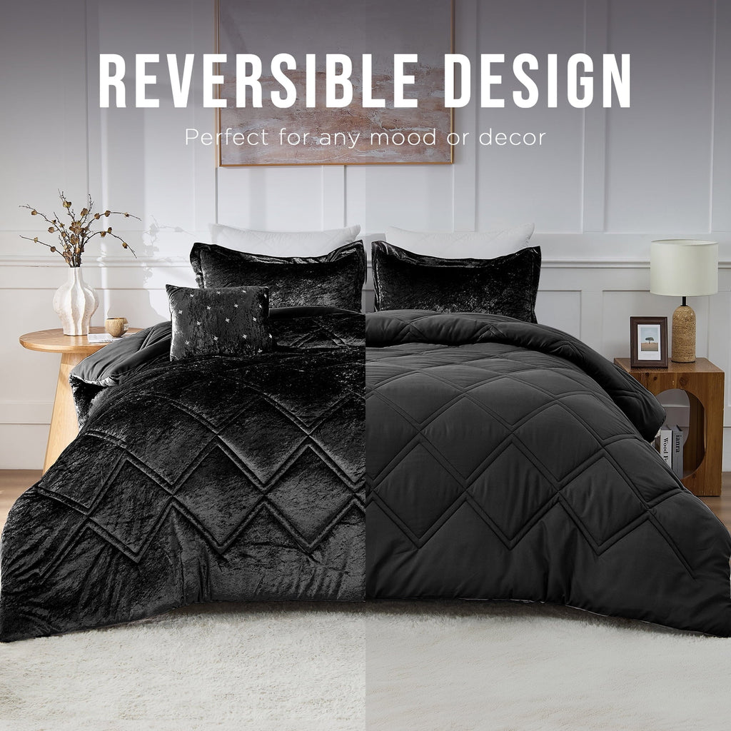Heavyweight Warmth King/Cal King Size Comforter Sets, Velvet Bedding Comforter Set for All Seasons, Black Bedding Set with Decor Pillow - All-Season Down Alternative Comforter Insert - Default Title
