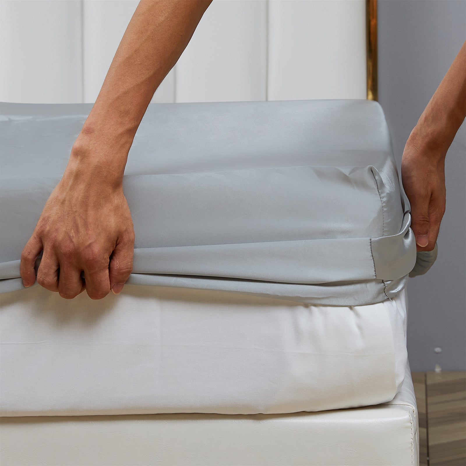 Premium Egyptian Cotton Satin Fitted Sheet King Size 14 Inch Deep Pocket Bed Sheet Silk Sheet Ultra Soft Machine Washable, Light Gray - Premium Ultra-Soft Pillowcase Pair for Sleeping Detail