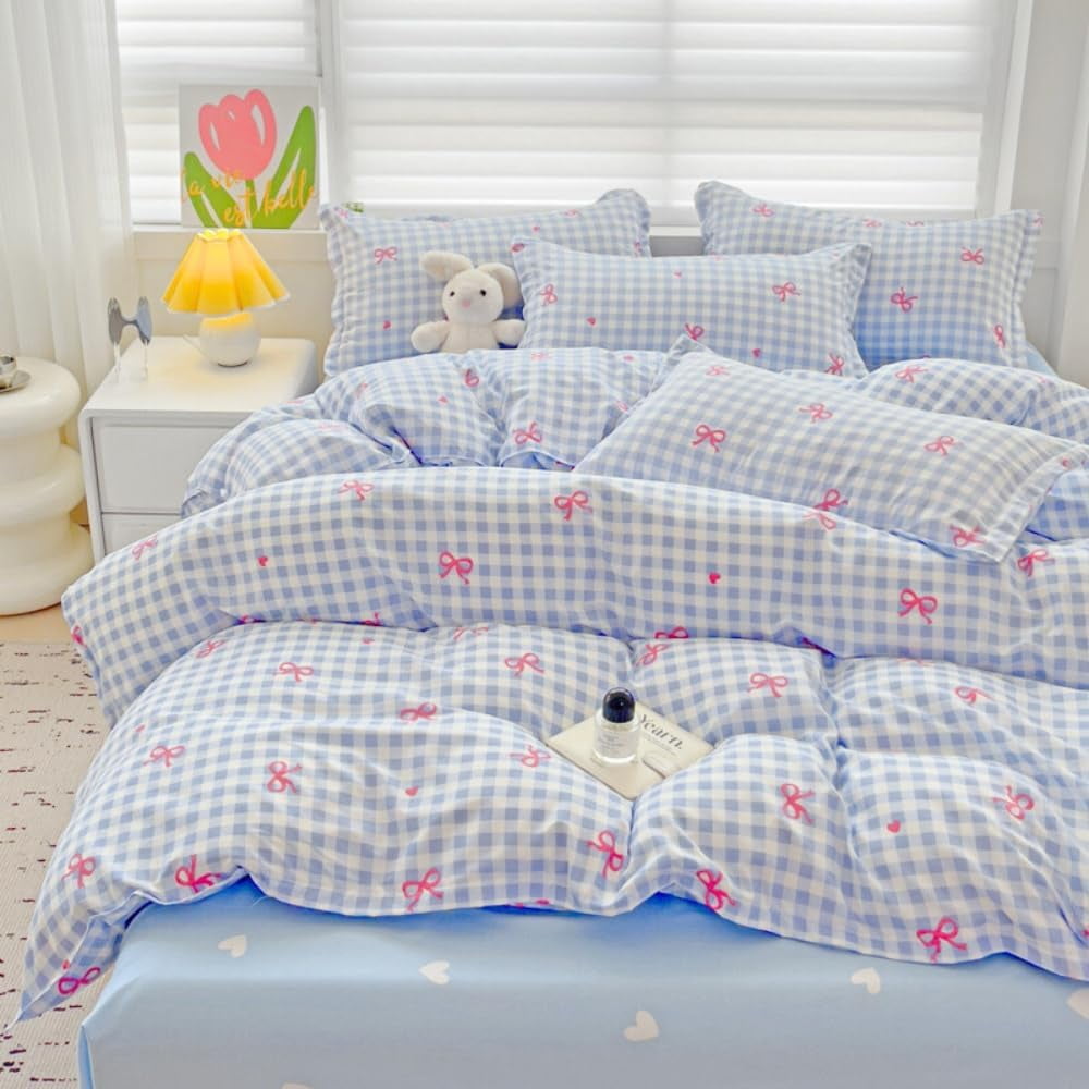 Heavyweight Warmth 3-Piece Blue Plaid Pink Bows Comforter Full Set , Cute Soft Bedding Set for Kids Adults - Hypoallergenic Ultra-Fluffy Quilt for Winter Detail