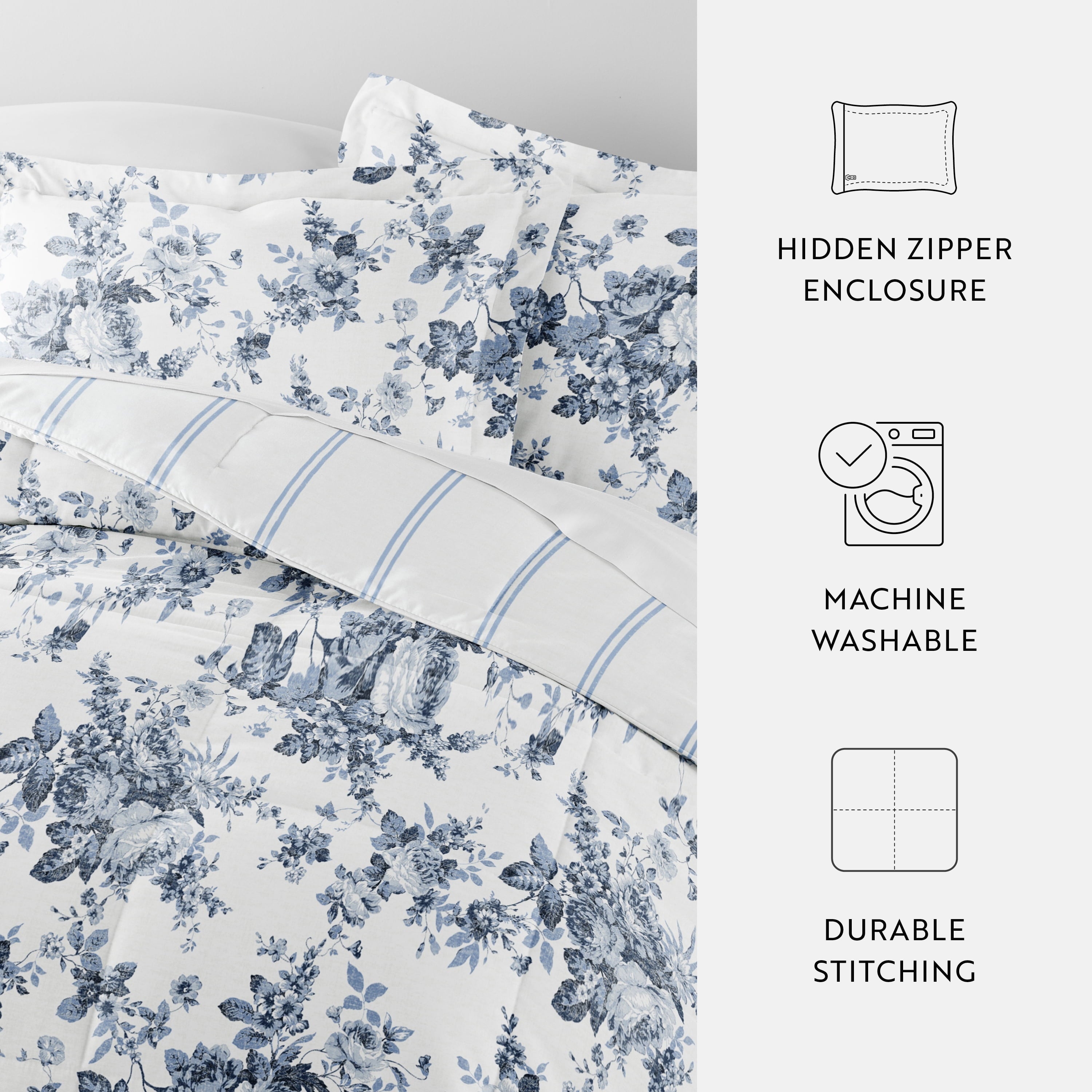 Hypoallergenic Cloud Down Alternative Cabbage Rose Stripe Stone Reversible Comforter Set - All-Season Down Alternative Comforter Insert Detail