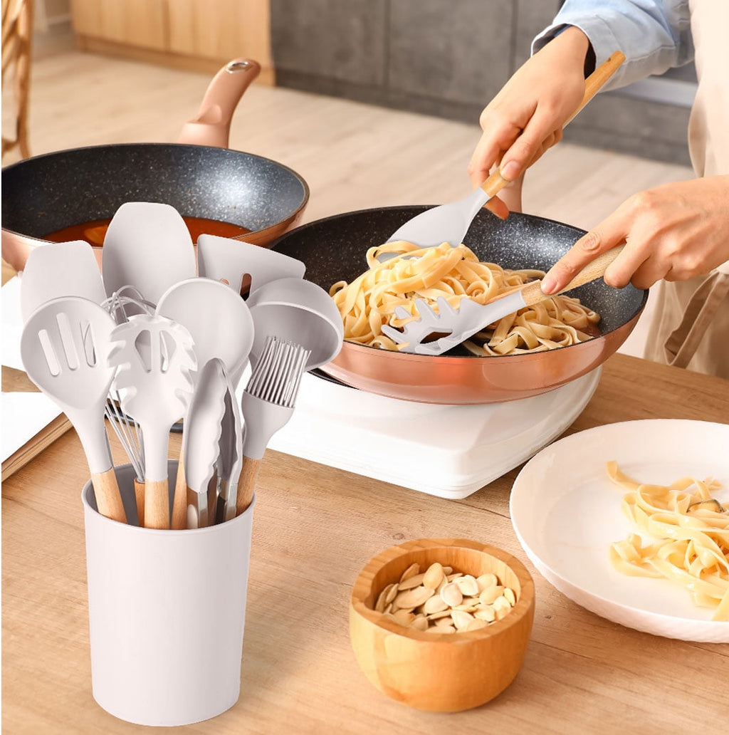 Non-Stick Safe Silicone & Bamboo Cooking Utensil Set, 14 Pieces - Heat-Resistant Silicone Cooking Spatula Turner Detail