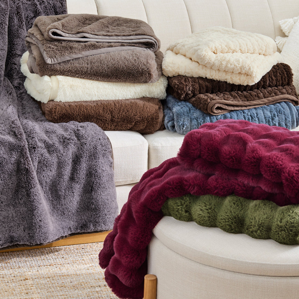 Decorative Knitted Grey Faux Fur Ultra Soft Luxury Oversized Throw Blanket 50" x 72", Grey Bisque - Cozy Fleece Throw Blanket for Couch & Bed Detail
