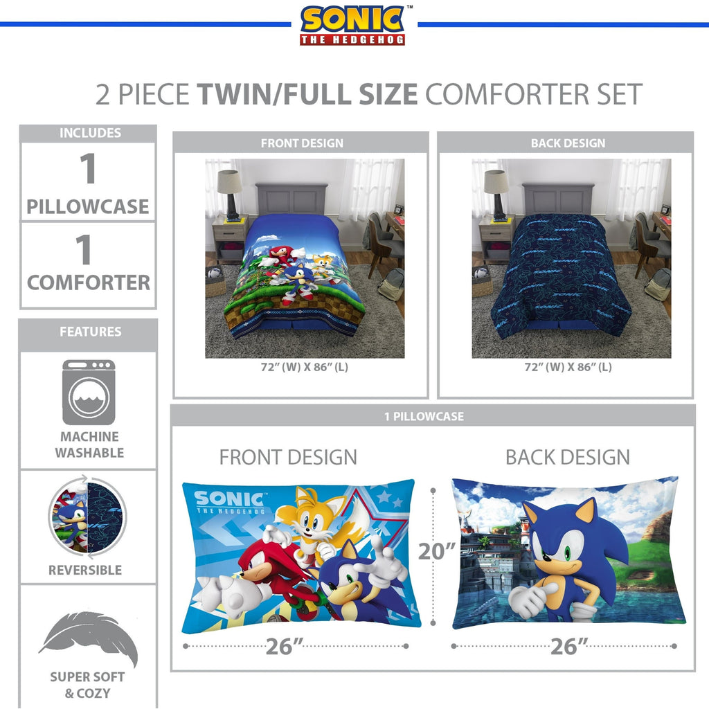 Heavyweight Warmth Sonic the Hedgehog Kids 2 Piece Blue Green Reversible Comforter and Pillowcase set, Twin/full - Luxurious Quilted Duvet Cover Set Detail