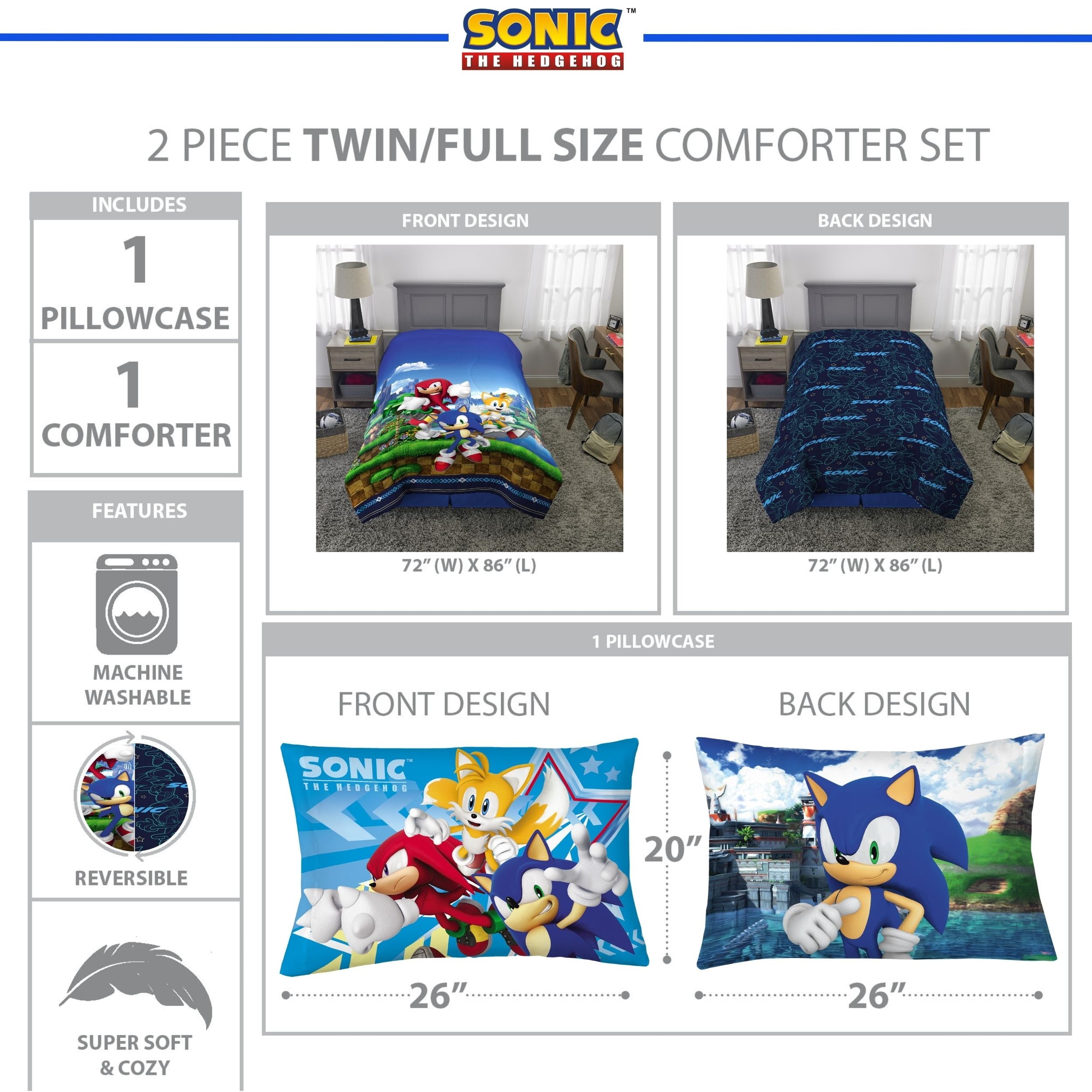 Heavyweight Warmth Sonic the Hedgehog Kids 2 Piece Blue Green Reversible Comforter and Pillowcase set, Twin/full - Luxurious Quilted Duvet Cover Set Detail