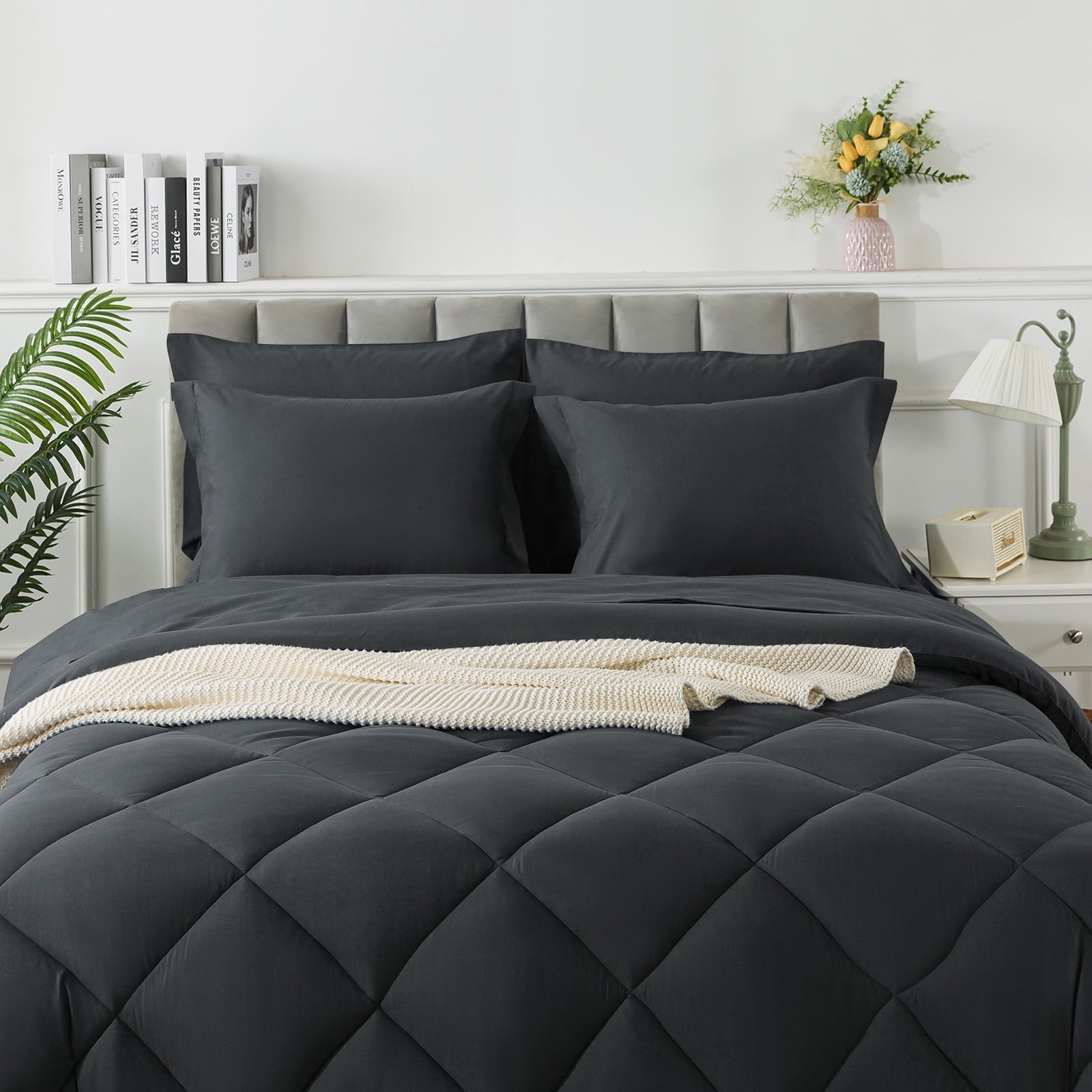 All-Season Queen Bed in a Bag Comforter Set with 7 Pieces - Dark Gray All Season Bedding Sets with Comforter, Pillow Shams, Flat... - All-Season Down Alternative Comforter Insert Detail