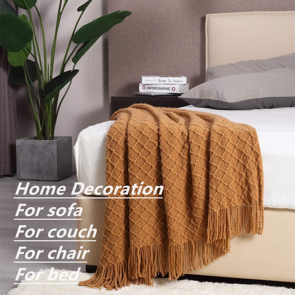 Decorative Knitted Home Decor Rustic Couch Sofa Chair Bed Throw Blanket, Soft Warm Light Weight in Spring Summer (50''X60'' Brown) - Luxury Knitted Decorative Throw Blanket with Fringes Detail